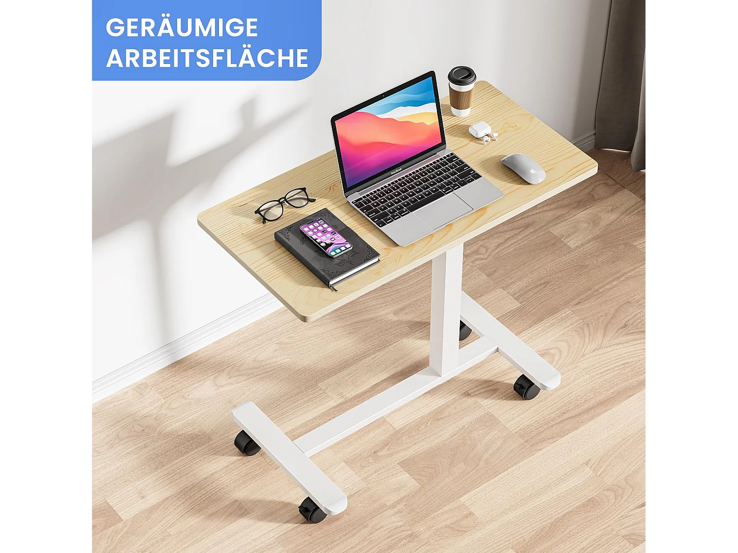 Table d’appoint en bois 40x80 cm, hauteur réglable, avec roulettes, utilisable comme table de lit, chevet, bureau mobile ou table de soins pour chambre ou salon