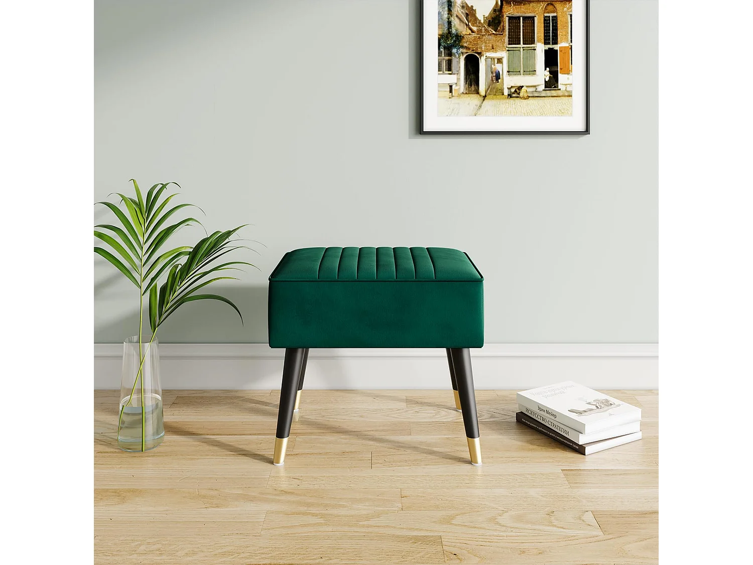 Fluwelen voetenbankje, poef met metalen poten voor woonkamer, slaapkamer, 52 x 40 x 49 cm - grijs