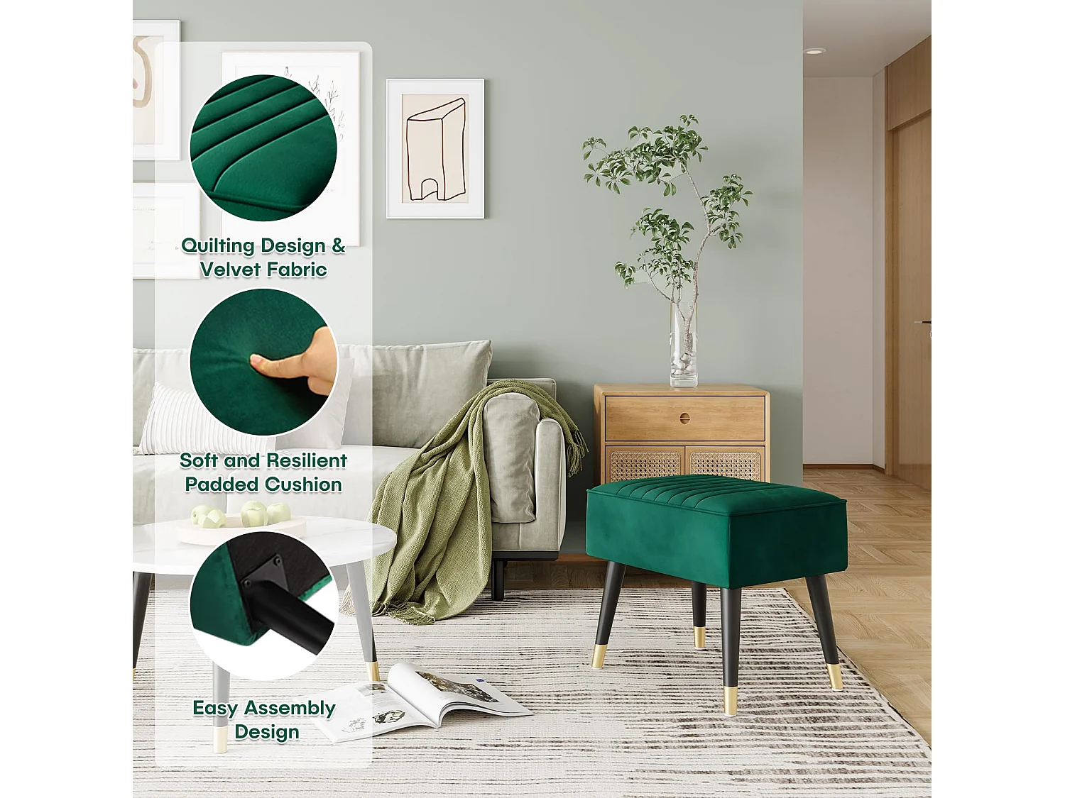 Fluwelen voetenbankje, poef met metalen poten voor woonkamer, slaapkamer, 52 x 40 x 49 cm - grijs