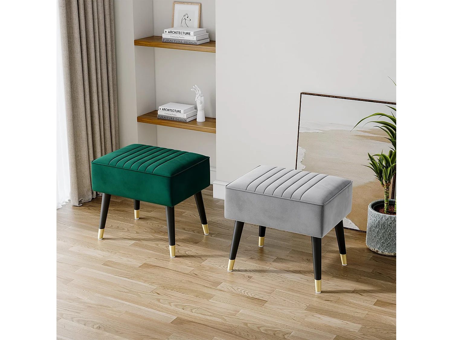 Fluwelen voetenbankje, poef met metalen poten voor woonkamer, slaapkamer, 52 x 40 x 49 cm - grijs