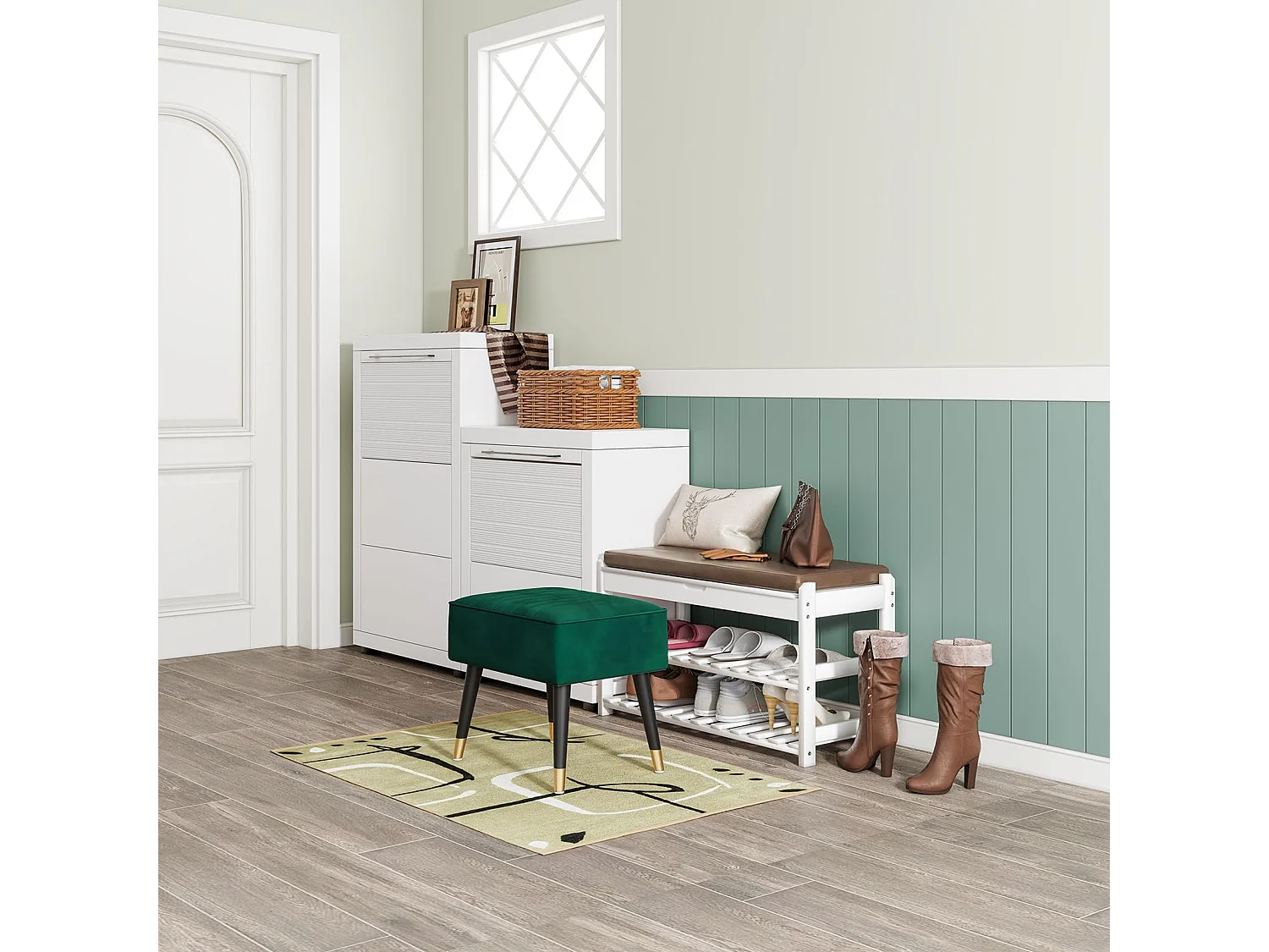 Fluwelen voetenbankje, poef met metalen poten voor woonkamer, slaapkamer, 52 x 40 x 49 cm - grijs