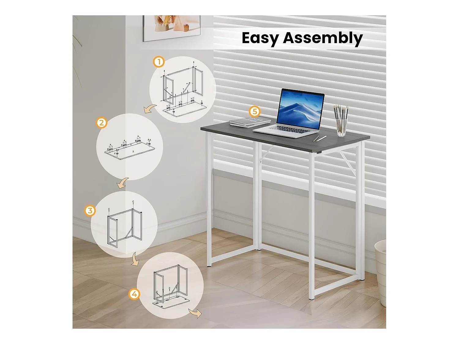 Scrivania pieghevole per computer, piccolo tavolo per computer per casa e ufficio, facile da montare, 80 x 46 x 74 cm - Nero