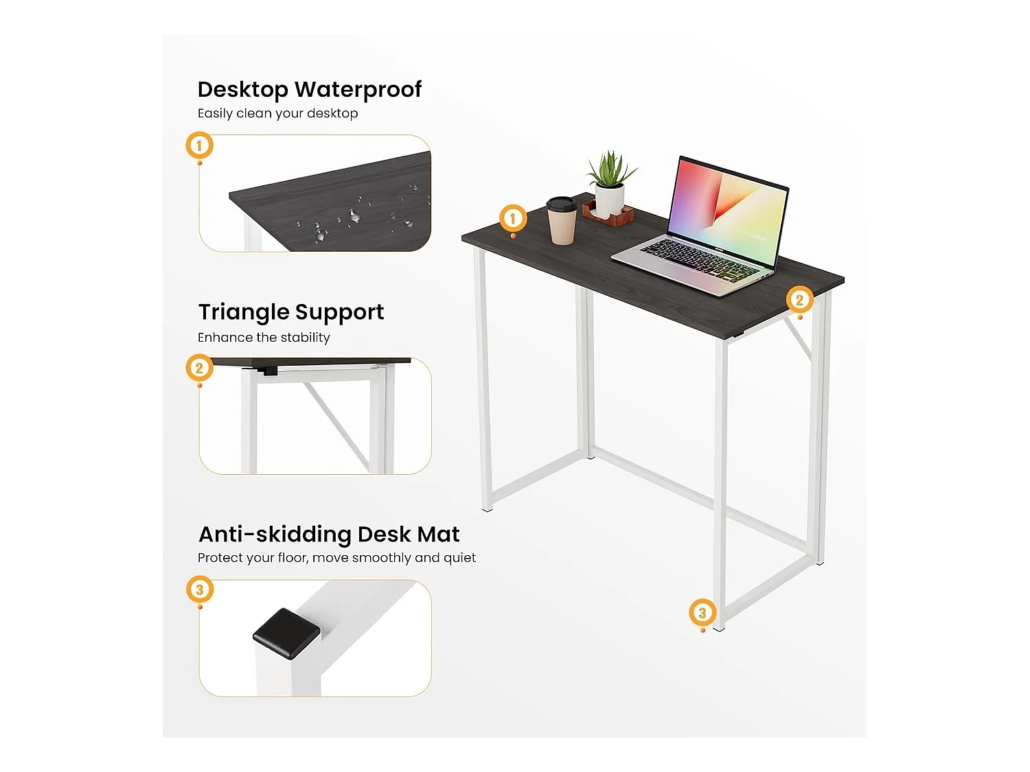 Opvouwbaar computerbureau, kleine computertafel voor thuis en op kantoor, eenvoudige montage, 80 x 46 x 74 cm - Zwart