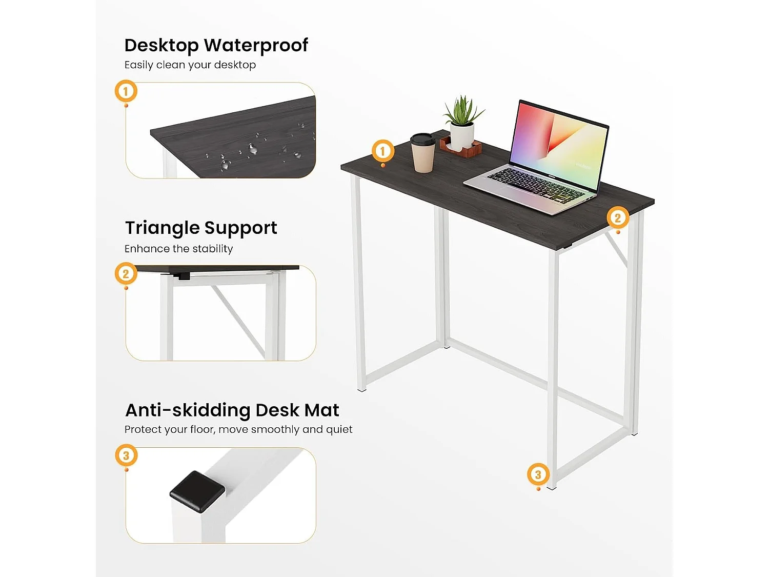 Bureau d'ordinateur pliable, petite table d'ordinateur pour la maison et le bureau, montage facile, 80 x 46 x 74 cm - Noir