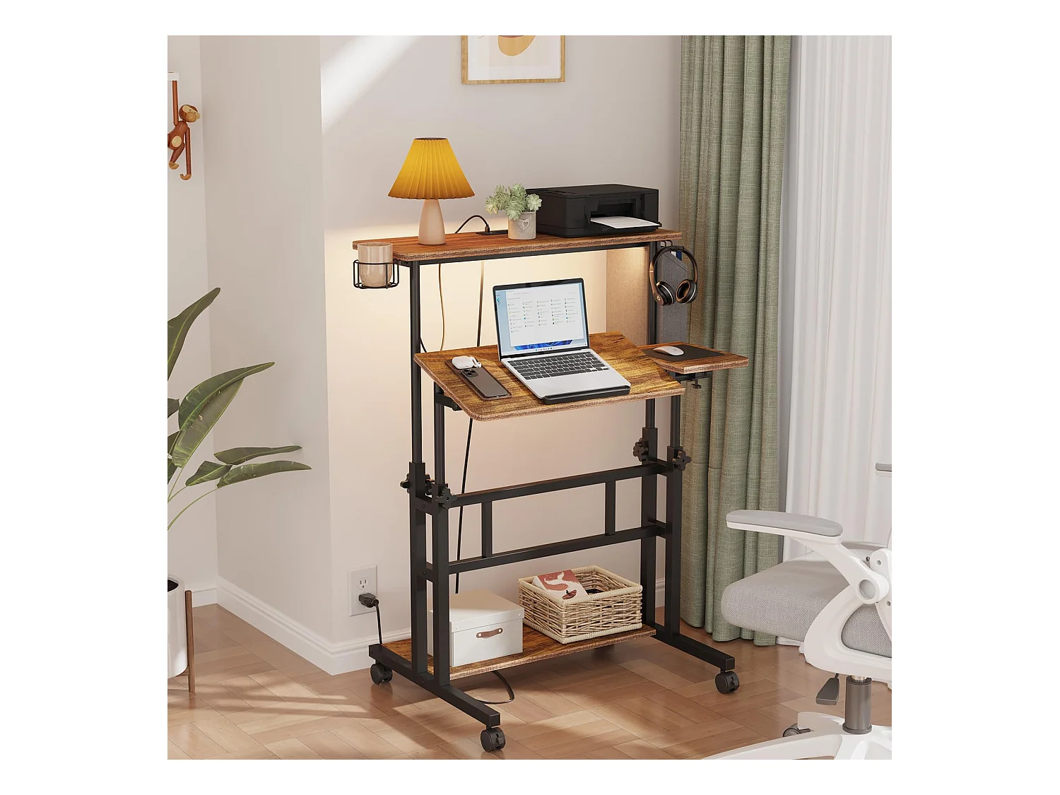 In hoogte verstelbaar sta-bureau met stopcontacten en wielen - Zit-sta, kantelbaar tafelblad 80 x 60 cm - Laptopwerkstation