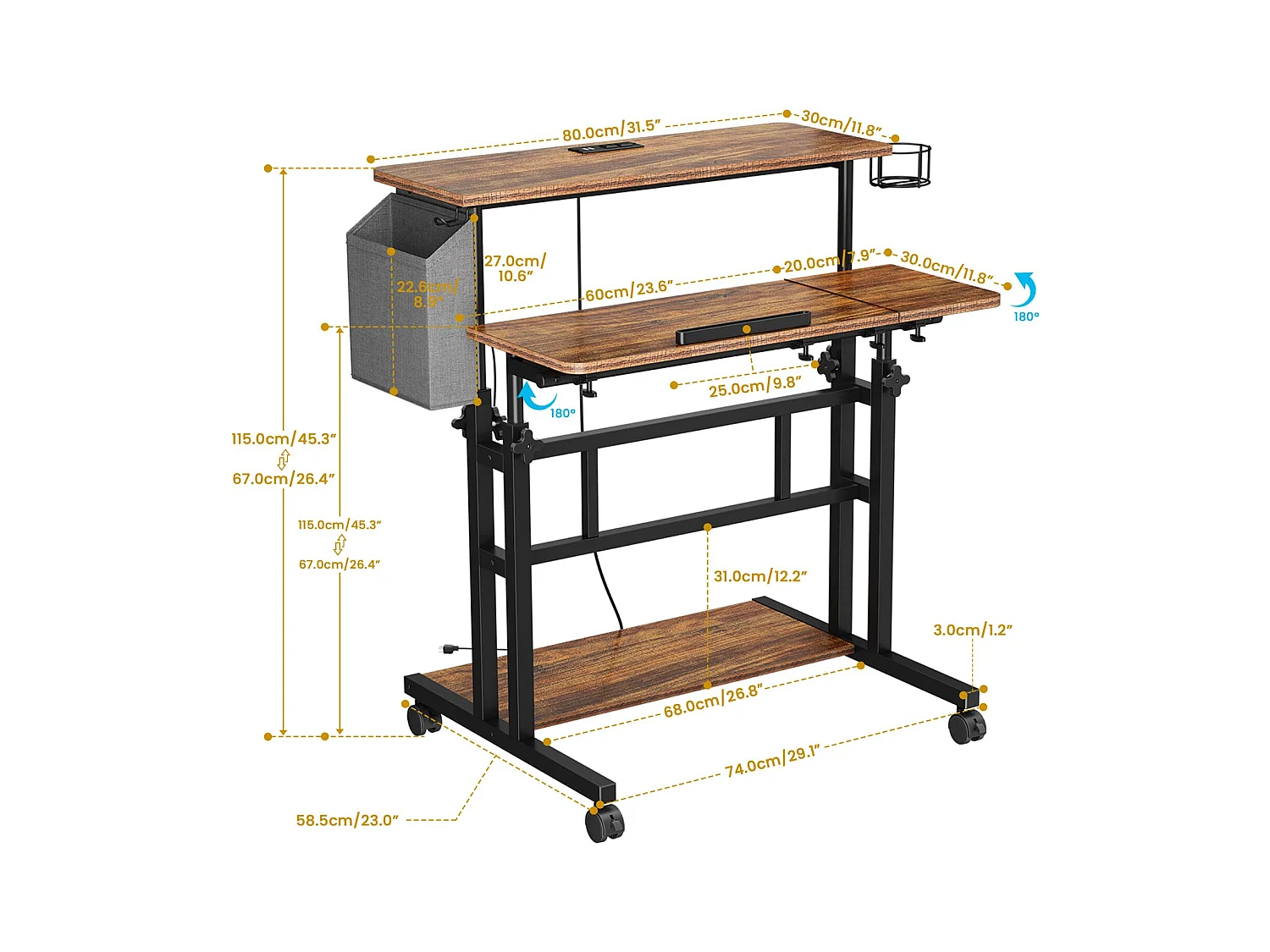 In hoogte verstelbaar sta-bureau met stopcontacten en wielen - Zit-sta, kantelbaar tafelblad 80 x 60 cm - Laptopwerkstation