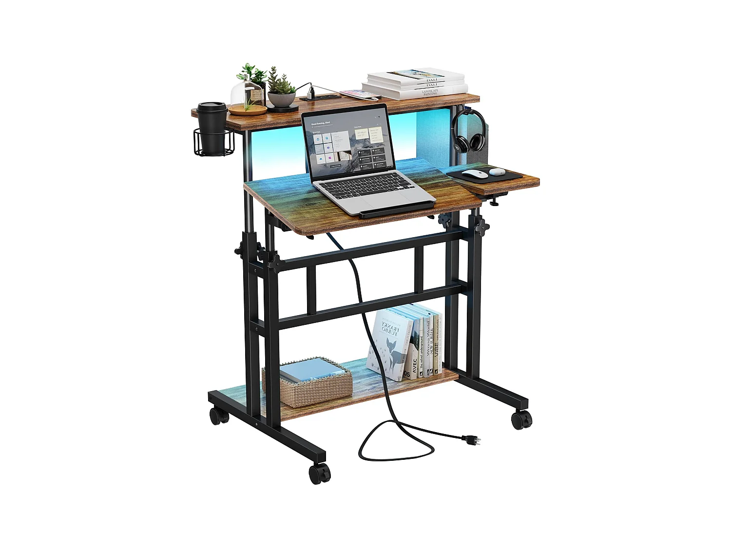 In hoogte verstelbaar sta-bureau met stopcontacten en wielen - Zit-sta, kantelbaar tafelblad 80 x 60 cm - Laptopwerkstation