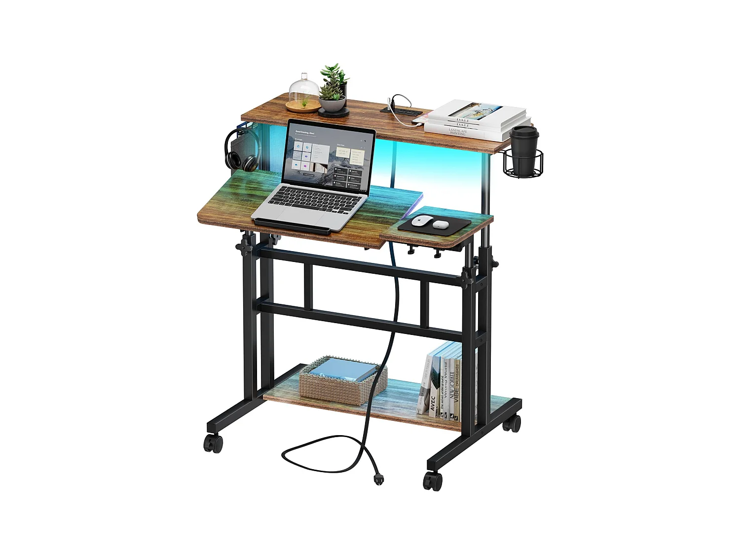 Bureau Debout Réglable en Hauteur Avec Prises et Roulettes - Assis-Debout, Plateau Inclinable 80 x 60 cm - Station de Travail Pour Ordinateur Portable