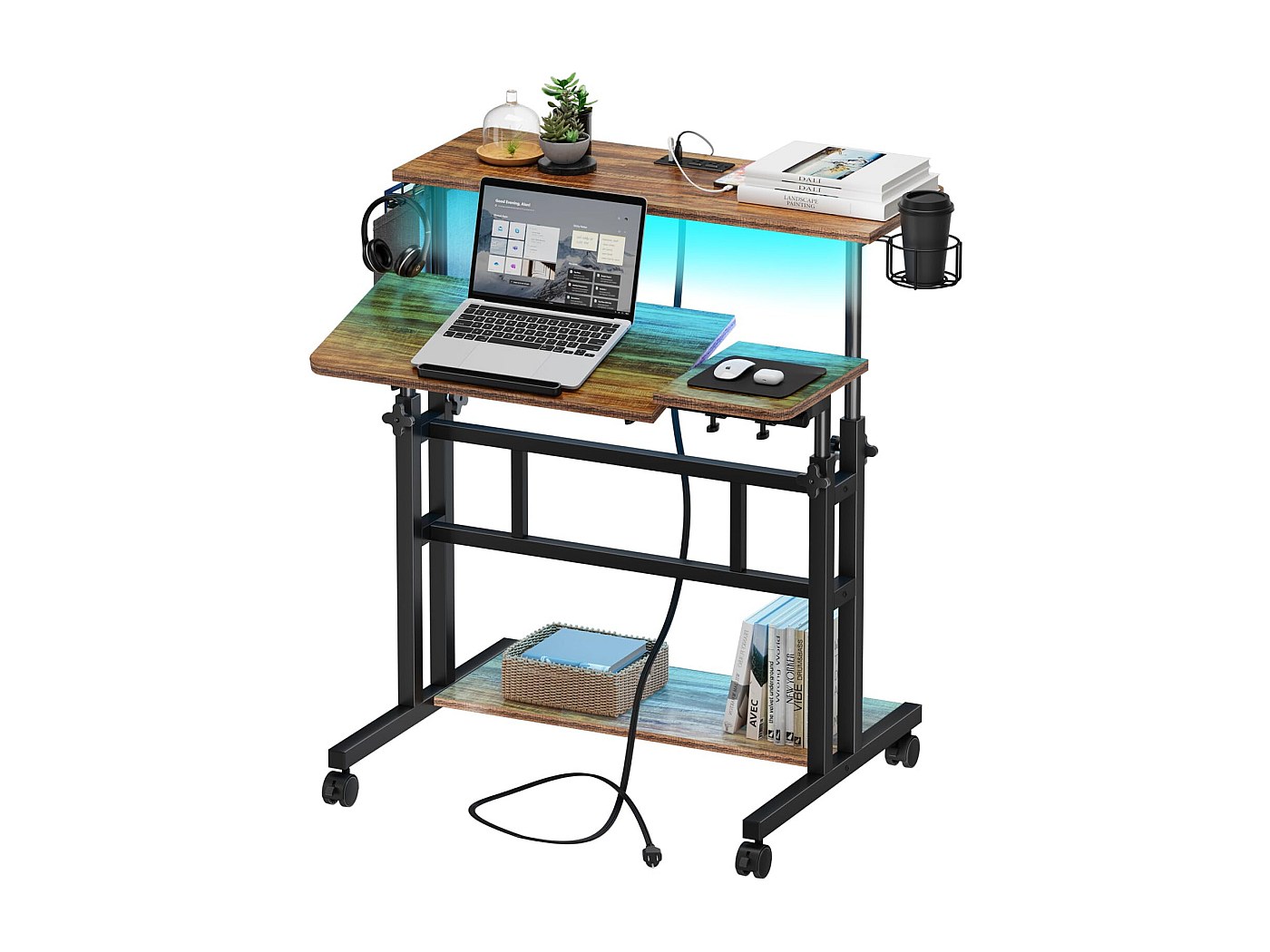 COSTWAY Sta-bureau, in hoogte verstelbaar, mobiele computertafel met wielen, kantelbaar tafelblad en 2 haken, bureau, state-zittafel, laptoptafel voor