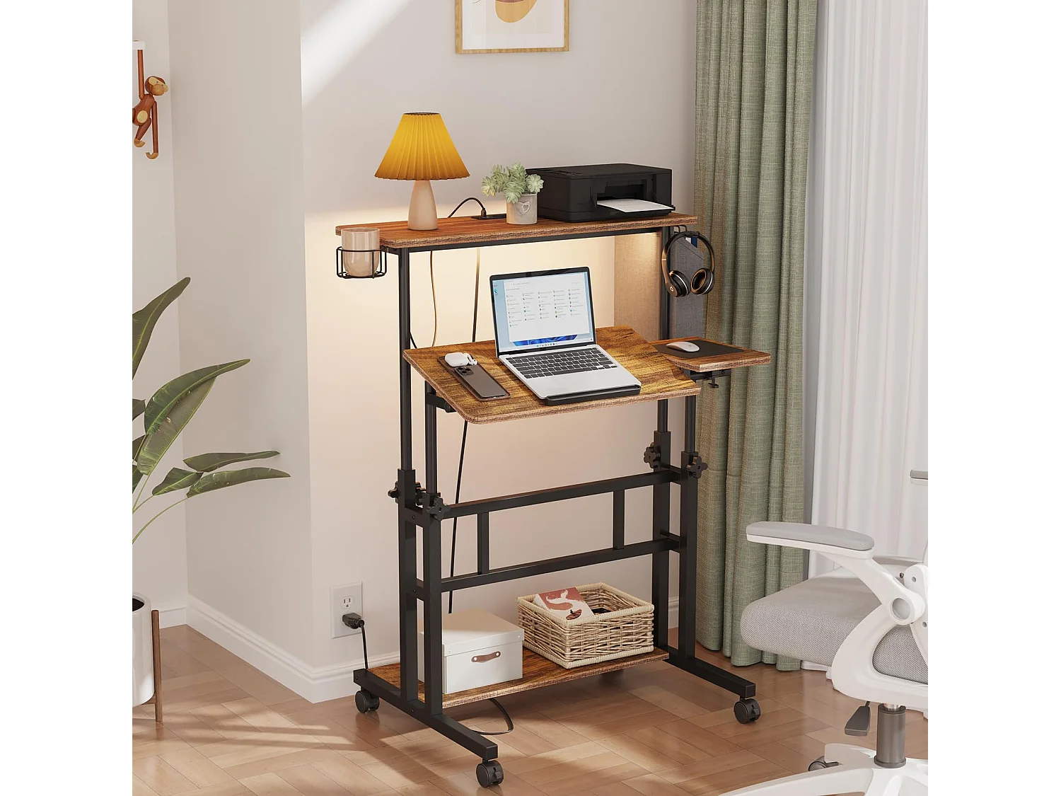 Bureau Debout Réglable en Hauteur Avec Prises et Roulettes - Assis-Debout, Plateau Inclinable 80 x 60 cm - Station de Travail Pour Ordinateur Portable