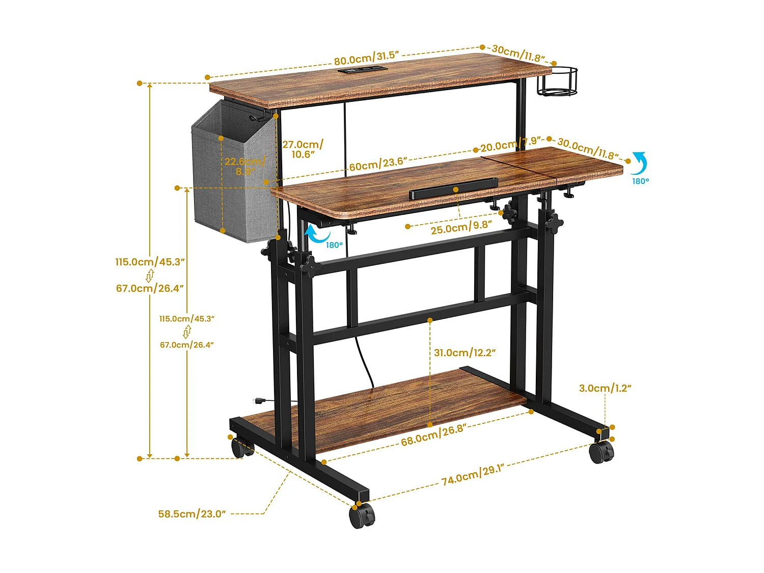 Bureau Debout Réglable en Hauteur Avec Prises et Roulettes - Assis-Debout, Plateau Inclinable 80 x 60 cm - Station de Travail Pour Ordinateur Portable