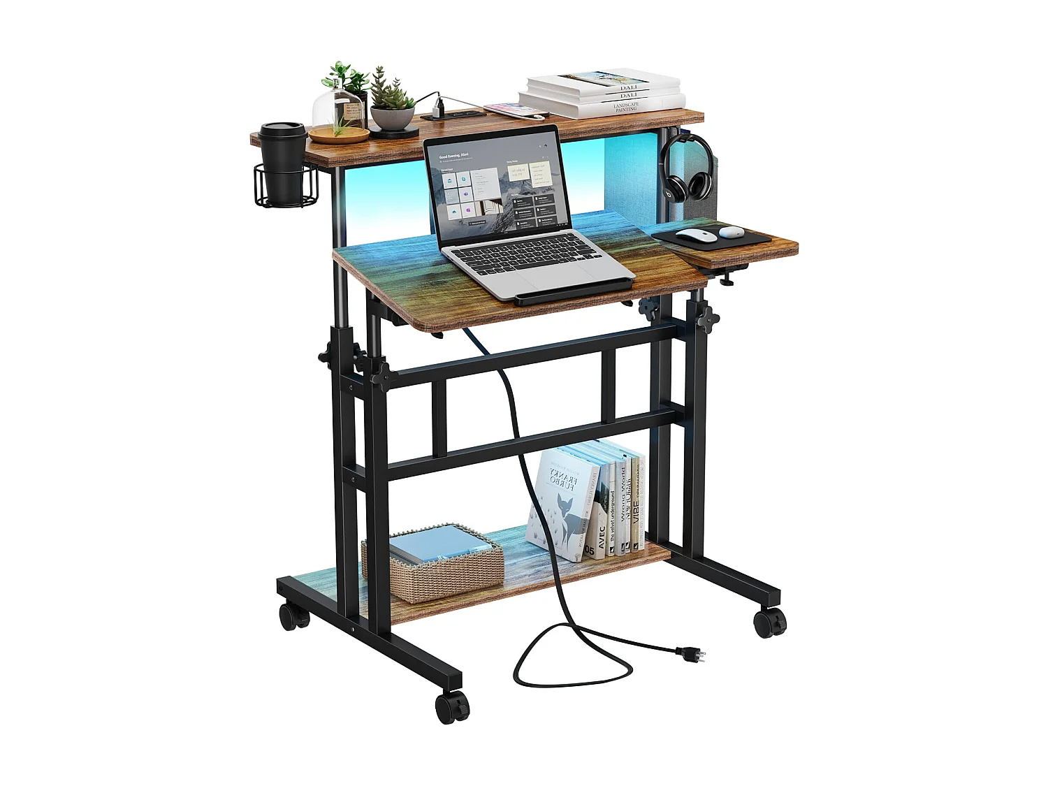 Bureau Debout Réglable en Hauteur Avec Prises et Roulettes - Assis-Debout, Plateau Inclinable 80 x 60 cm - Station de Travail Pour Ordinateur Portable