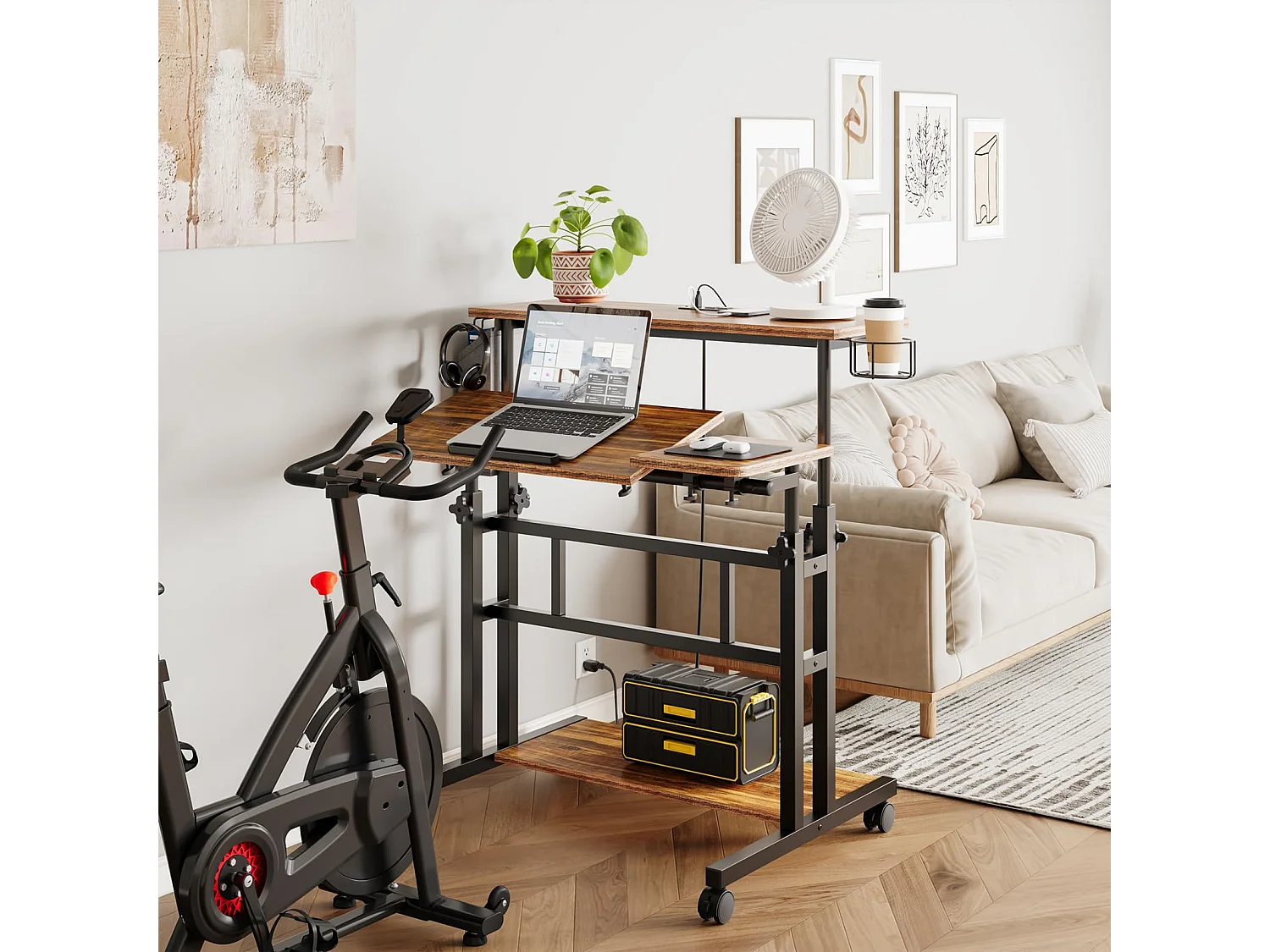 Bureau Debout Réglable en Hauteur Avec Prises et Roulettes - Assis-Debout, Plateau Inclinable 80 x 60 cm - Station de Travail Pour Ordinateur Portable