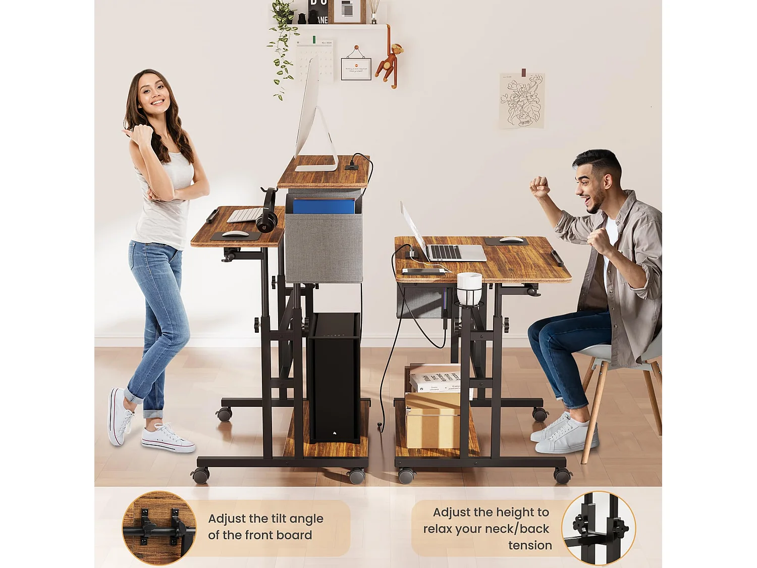 Bureau Debout Réglable en Hauteur Avec Prises et Roulettes - Assis-Debout, Plateau Inclinable 80 x 60 cm - Station de Travail Pour Ordinateur Portable