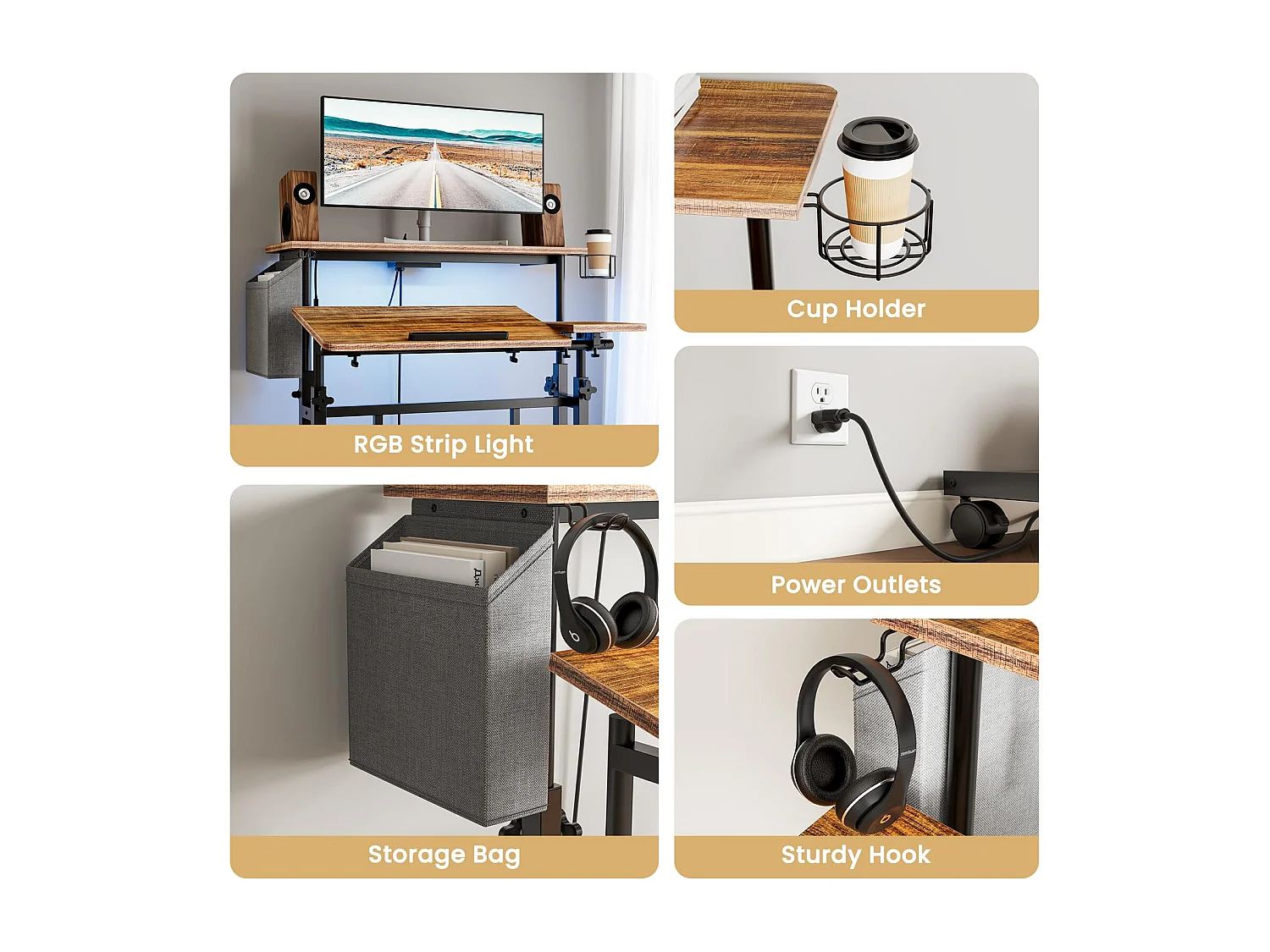 Bureau Debout Réglable en Hauteur Avec Prises et Roulettes - Assis-Debout, Plateau Inclinable 80 x 60 cm - Station de Travail Pour Ordinateur Portable