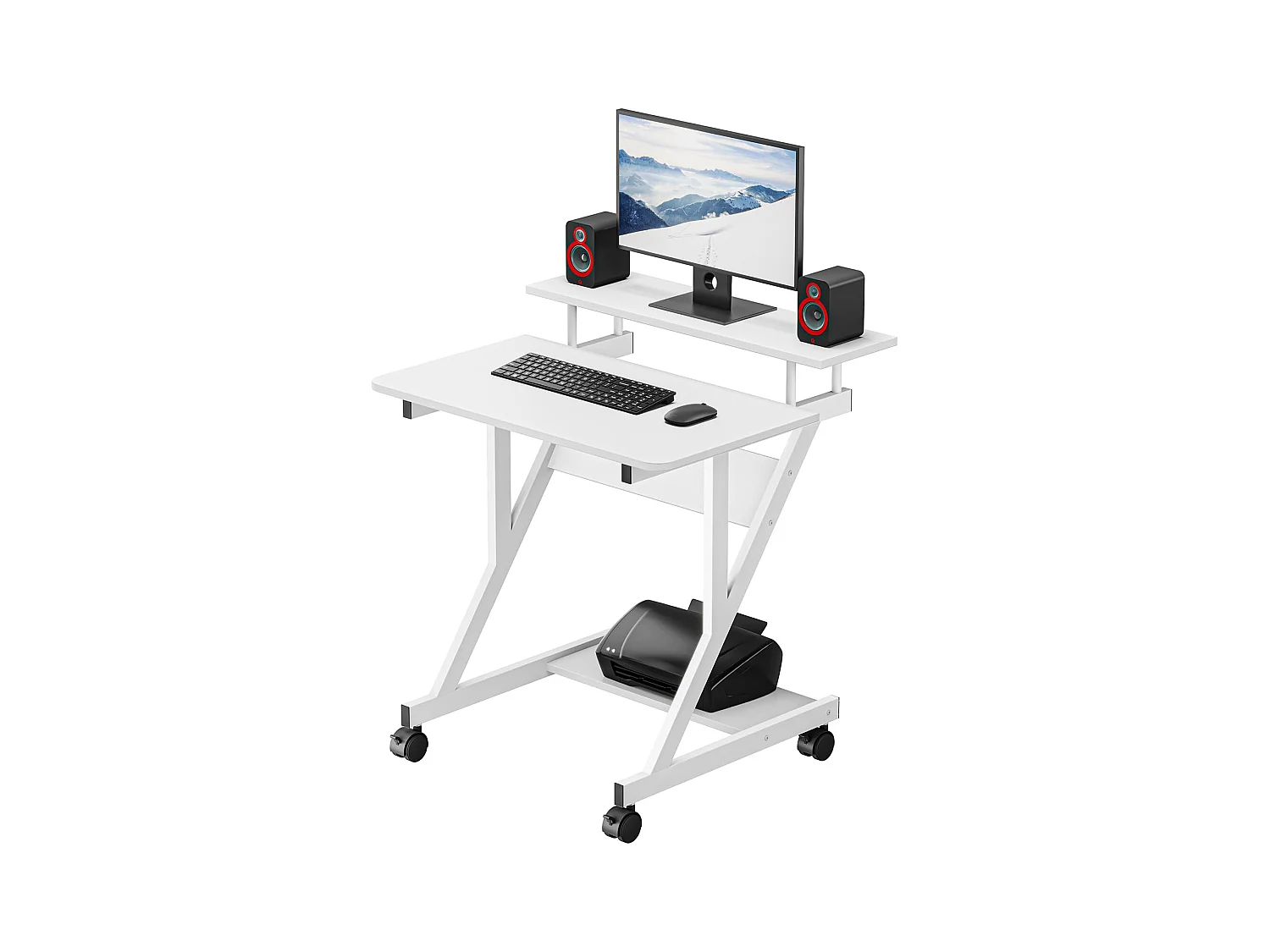 Bureau d'ordinateur en Z avec roulettes, compact 70x60x79 cm, étagères intégrées, facile à déplacer, idéal pour petit espace, bureau ou étude