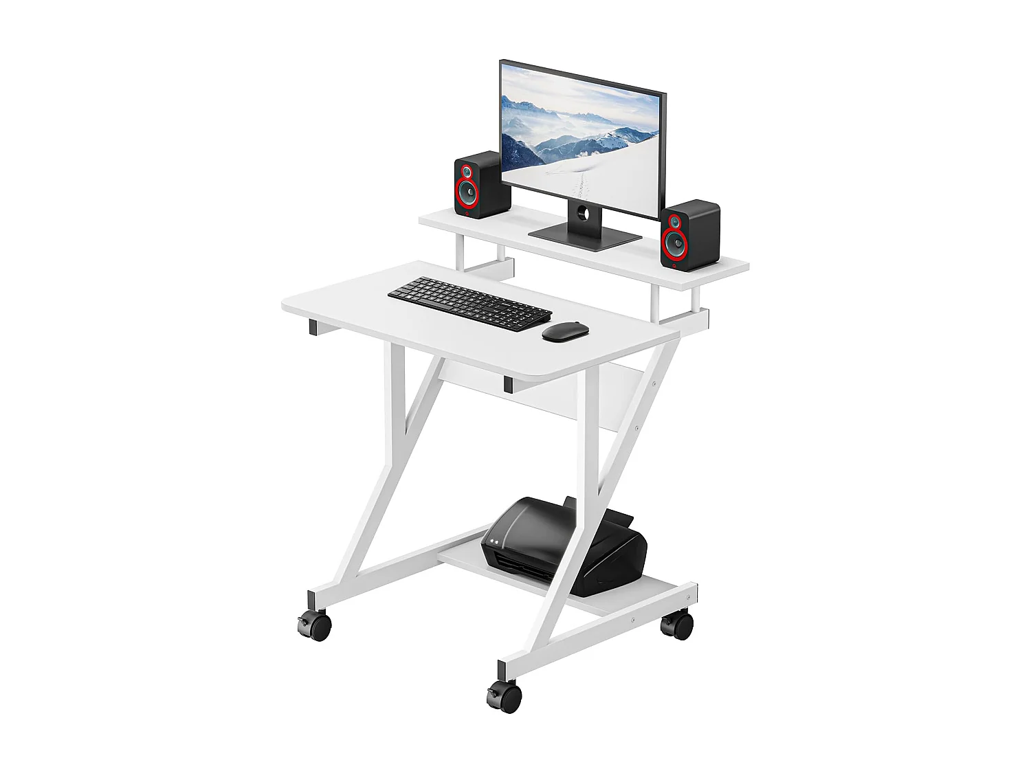Scrivania per computer a Z con ruote, compatta 70x60x79 cm, ripiani integrati, facile da spostare, ideale per piccoli spazi, ufficio o studio