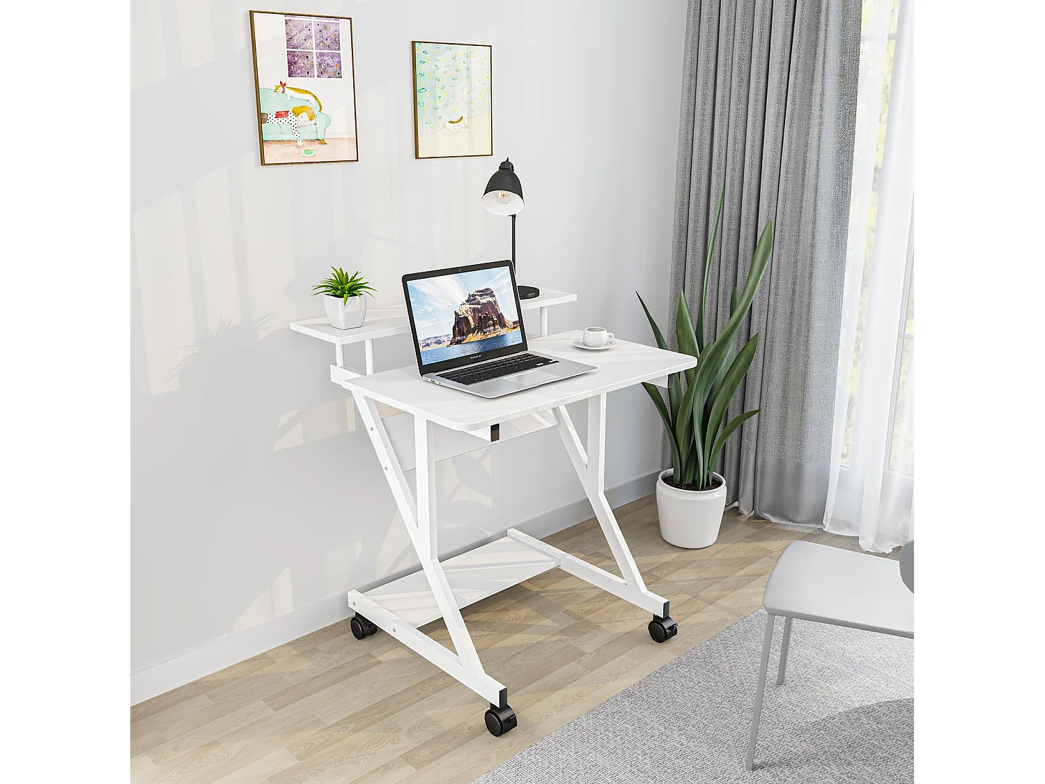 Scrivania per computer a Z con ruote, compatta 70x60x79 cm, ripiani integrati, facile da spostare, ideale per piccoli spazi, ufficio o studio