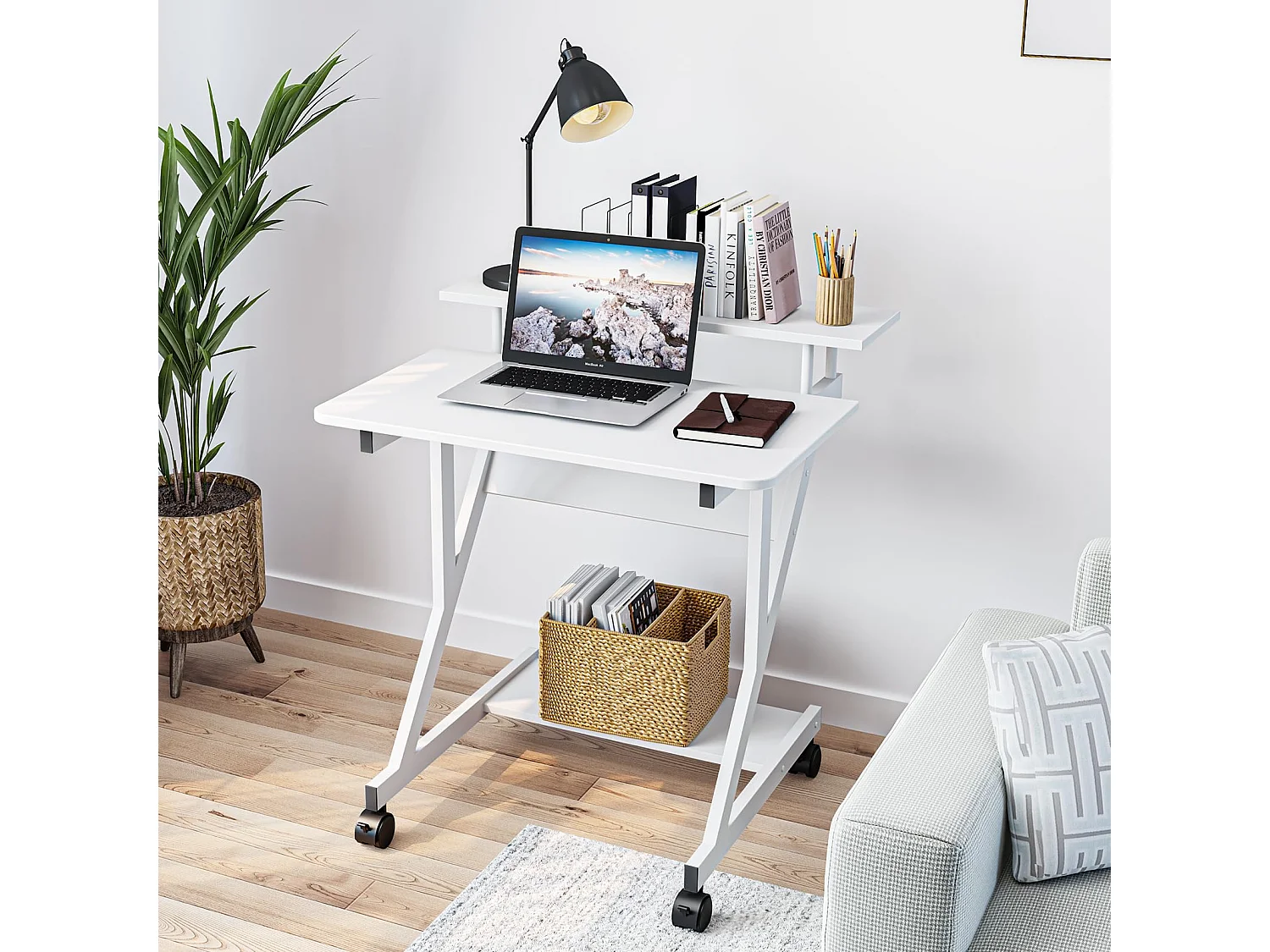 Scrivania per computer a Z con ruote, compatta 70x60x79 cm, ripiani integrati, facile da spostare, ideale per piccoli spazi, ufficio o studio