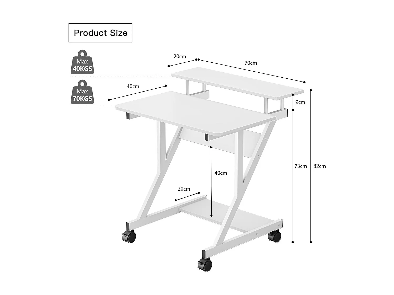 Bureau d'ordinateur en Z avec roulettes, compact 70x60x79 cm, étagères intégrées, facile à déplacer, idéal pour petit espace, bureau ou étude