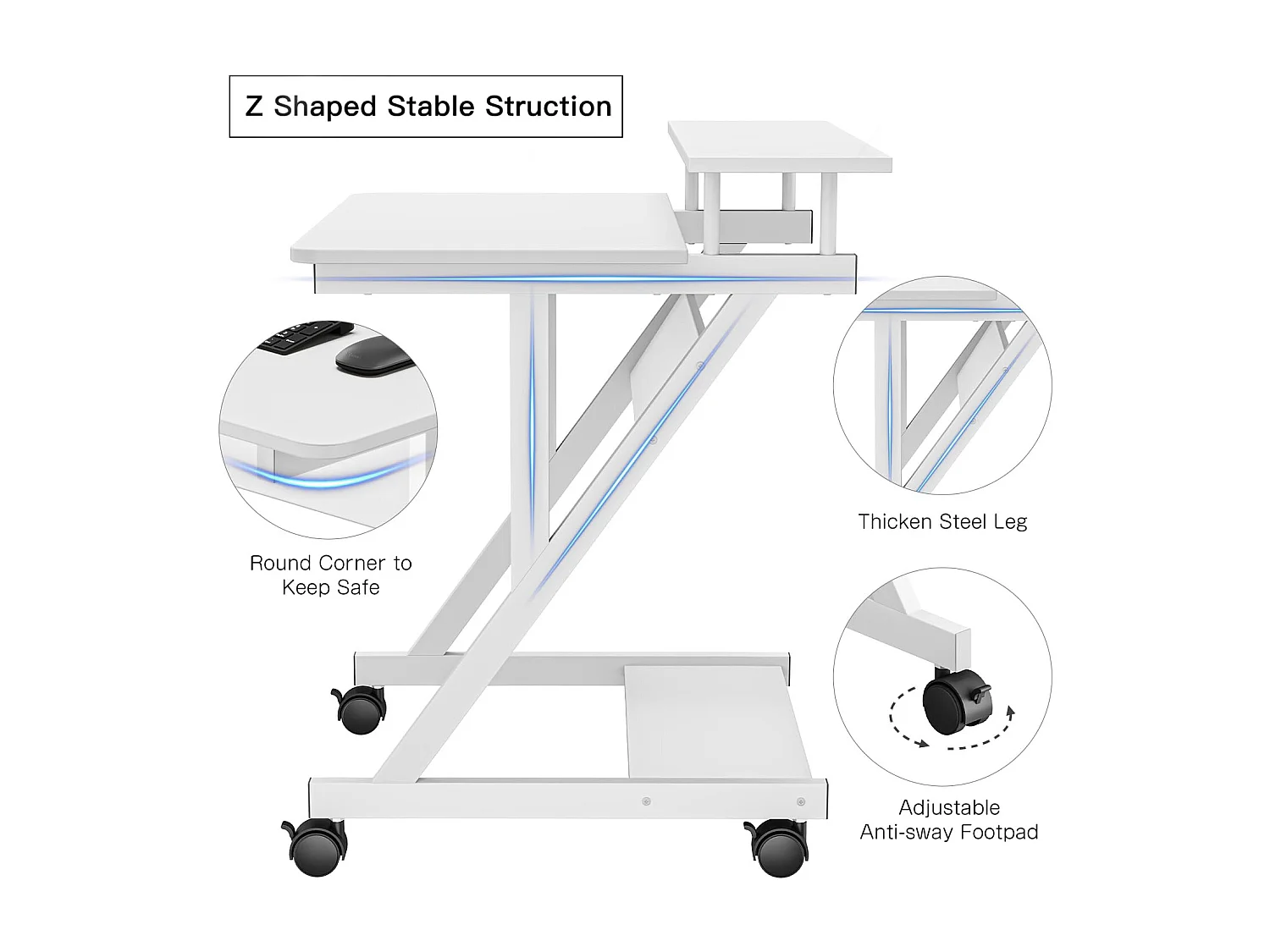 Bureau d'ordinateur en Z avec roulettes, compact 70x60x79 cm, étagères intégrées, facile à déplacer, idéal pour petit espace, bureau ou étude