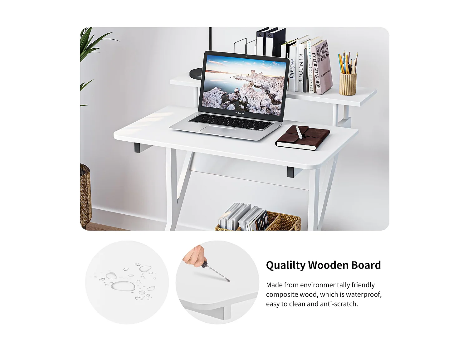 Bureau d'ordinateur en Z avec roulettes, compact 70x60x79 cm, étagères intégrées, facile à déplacer, idéal pour petit espace, bureau ou étude