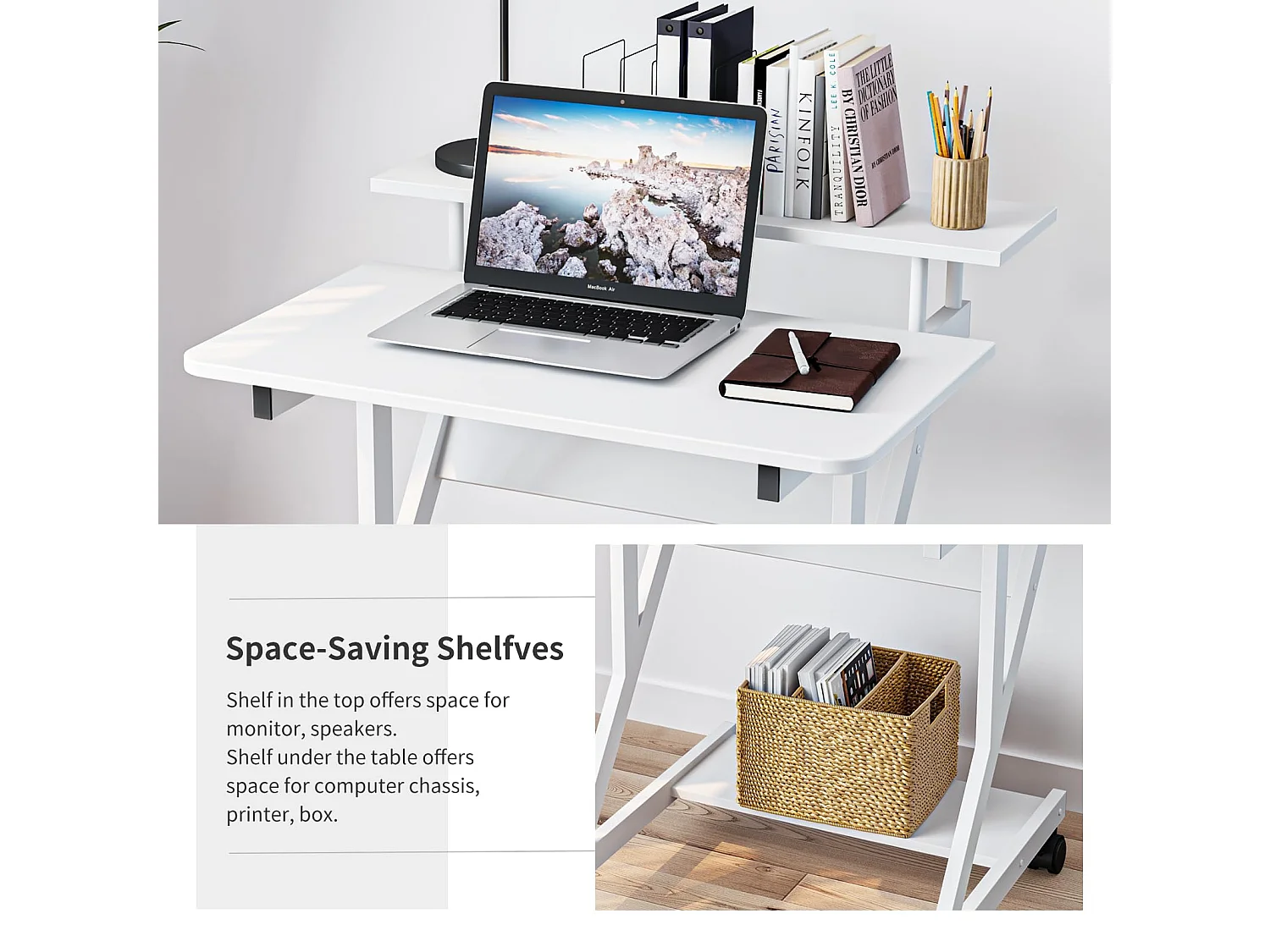 Bureau d'ordinateur en Z avec roulettes, compact 70x60x79 cm, étagères intégrées, facile à déplacer, idéal pour petit espace, bureau ou étude