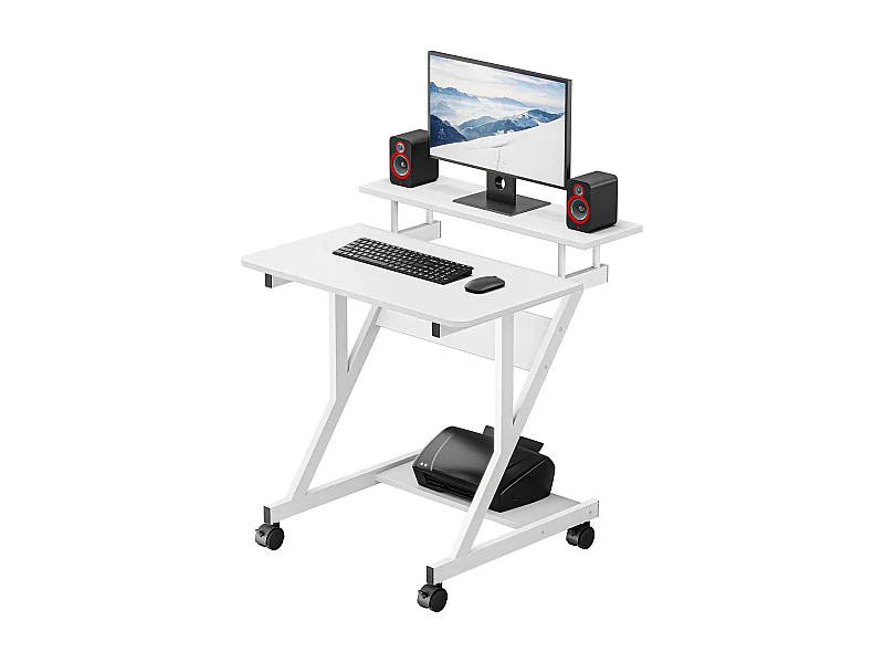 Scrivania per computer a Z con ruote, compatta 70x60x79 cm, ripiani integrati, facile da spostare, ideale per piccoli spazi, ufficio o studio