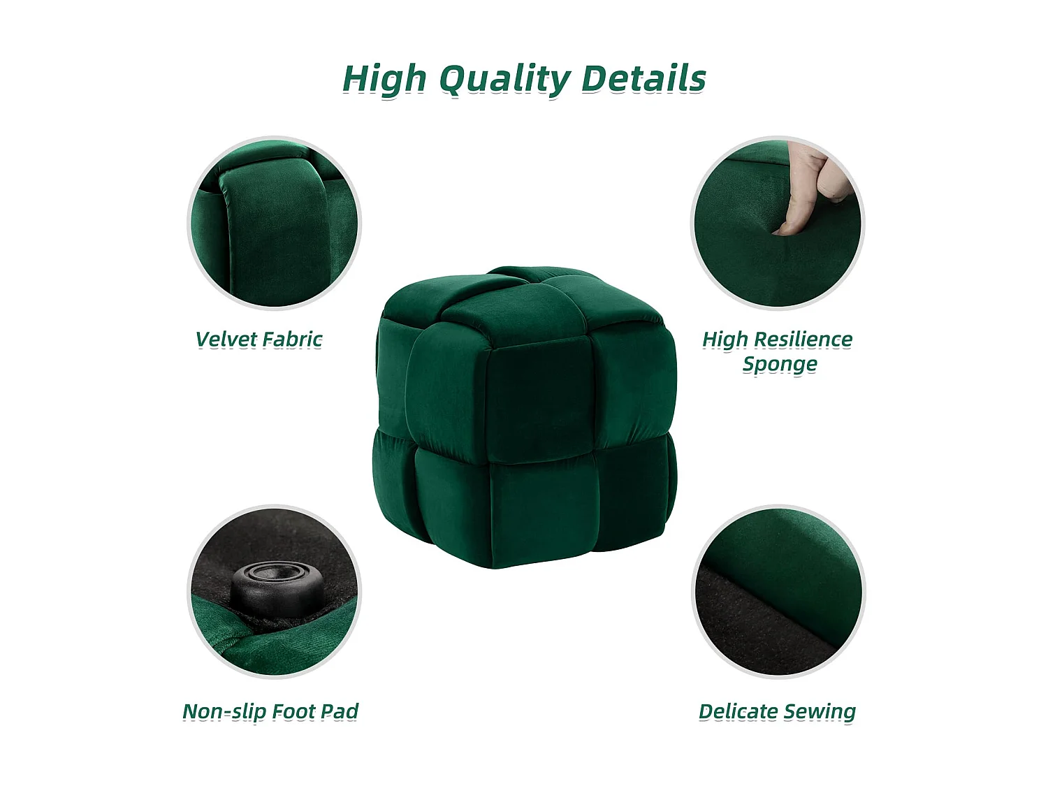 Pouf Ottoman en Velours Repose-Pieds Salon Tressé Tabouret Carrée de Maquillage Décorative Moderne 43 x 43 x 46 cm Charge Max 140 kg - Vert