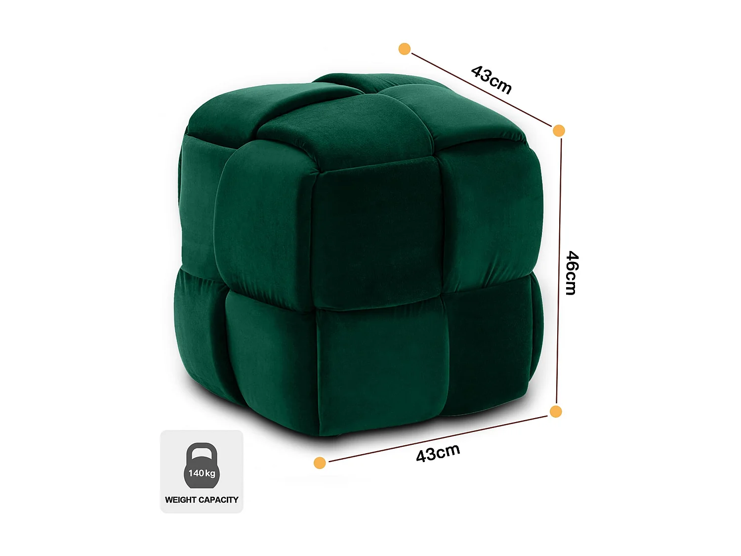 Pouf Ottoman en Velours Repose-Pieds Salon Tressé Tabouret Carrée de Maquillage Décorative Moderne 43 x 43 x 46 cm Charge Max 140 kg - Vert