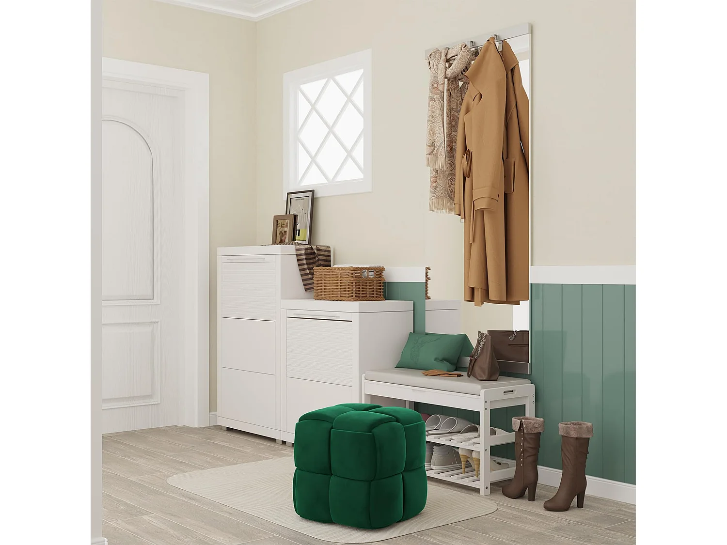 Pouf Ottoman en Velours Repose-Pieds Salon Tressé Tabouret Carrée de Maquillage Décorative Moderne 43 x 43 x 46 cm Charge Max 140 kg - Vert