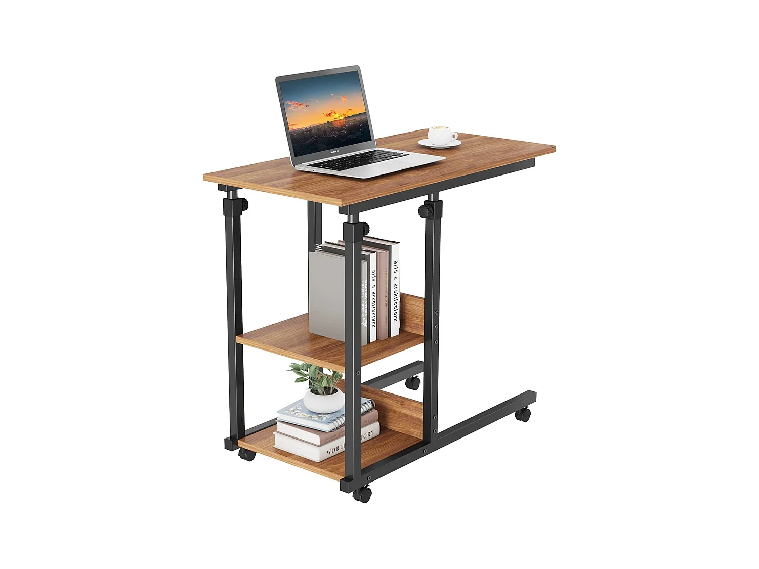 Table Roulante, Table d'Appoint Mobile Réglable en Hauteur, Table Multiusage avec 4 roulettes et 3 Étagères de Rangement pour Canapé/Lit/Balcon-Noyer