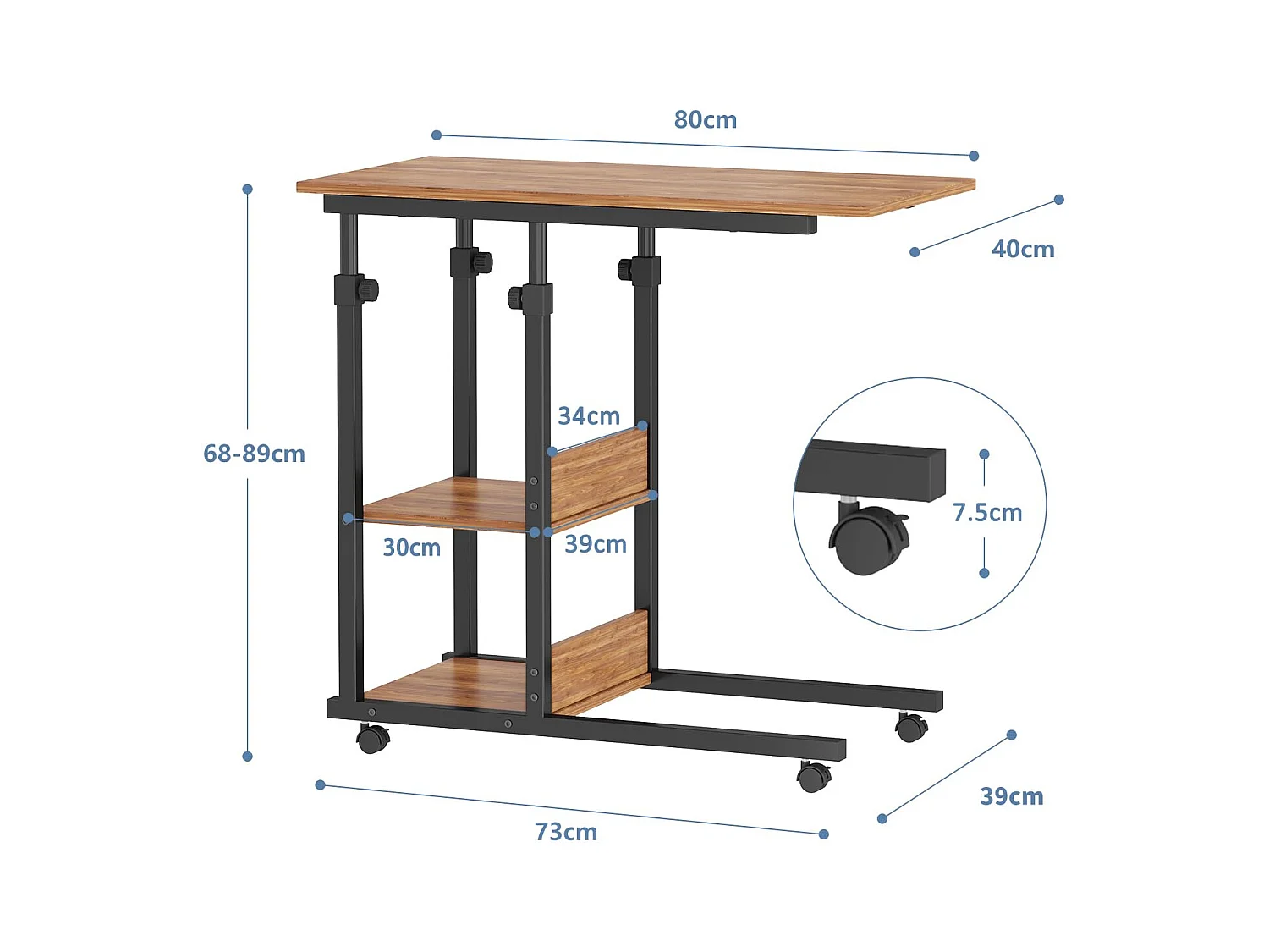 Table Roulante, Table d'Appoint Mobile Réglable en Hauteur, Table Multiusage avec 4 roulettes et 3 Étagères de Rangement pour Canapé/Lit/Balcon-Noyer