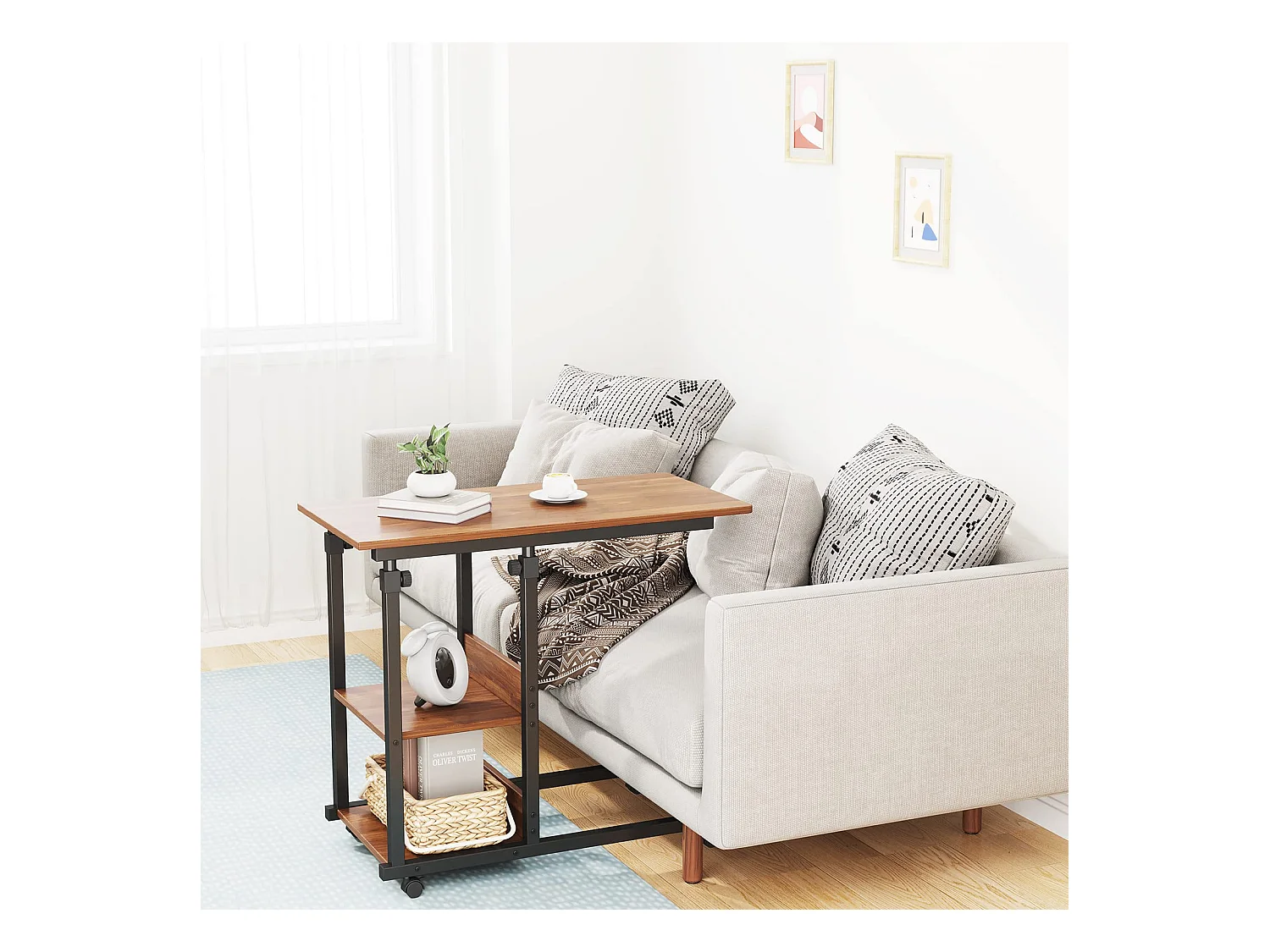 Table Roulante, Table d'Appoint Mobile Réglable en Hauteur, Table Multiusage avec 4 roulettes et 3 Étagères de Rangement pour Canapé/Lit/Balcon-Noyer