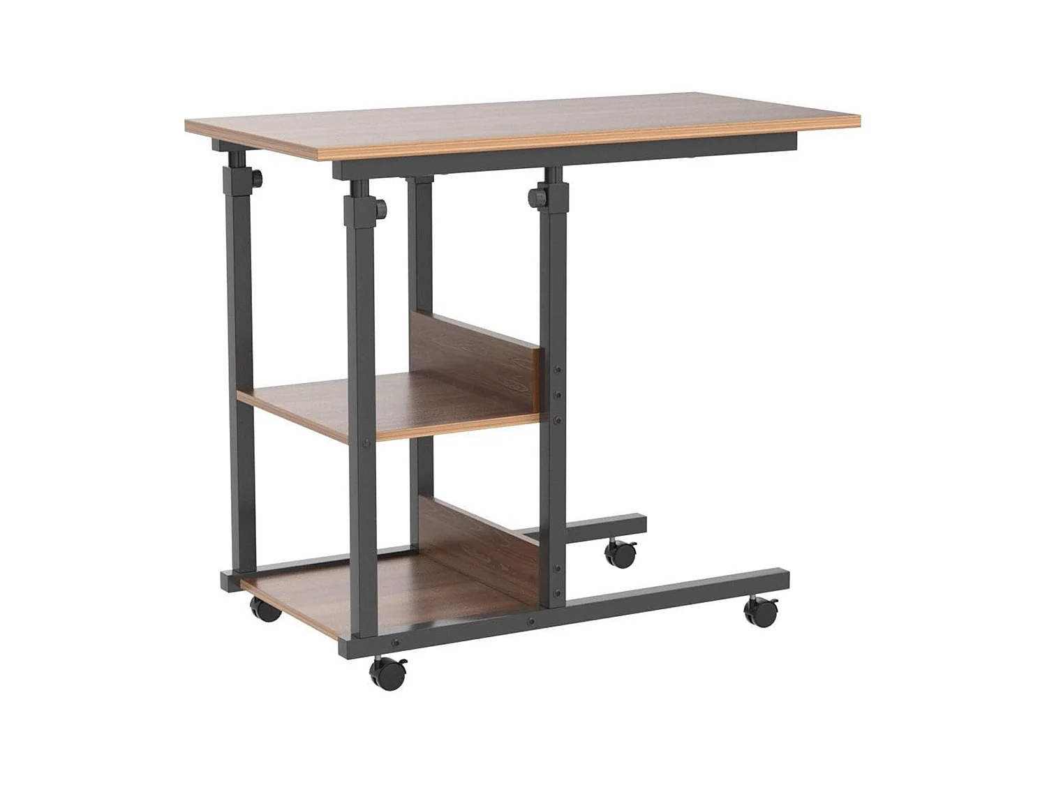 Table Roulante, Table d'Appoint Mobile Réglable en Hauteur, Table Multiusage avec 4 roulettes et 3 Étagères de Rangement pour Canapé/Lit/Balcon-Noyer