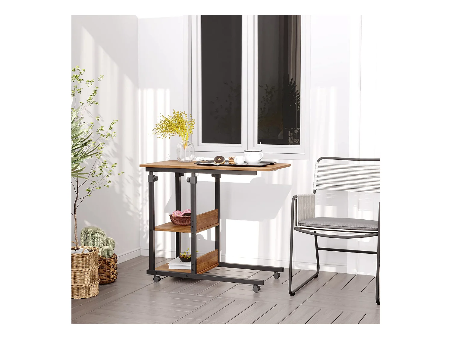 Table Roulante, Table d'Appoint Mobile Réglable en Hauteur, Table Multiusage avec 4 roulettes et 3 Étagères de Rangement pour Canapé/Lit/Balcon-Noyer