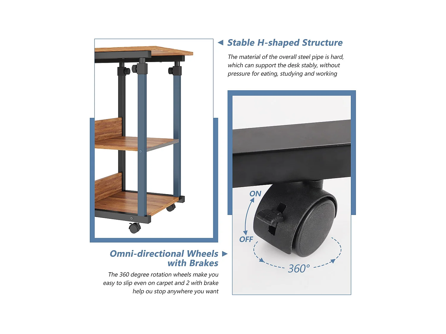 Table Roulante, Table d'Appoint Mobile Réglable en Hauteur, Table Multiusage avec 4 roulettes et 3 Étagères de Rangement pour Canapé/Lit/Balcon-Noyer