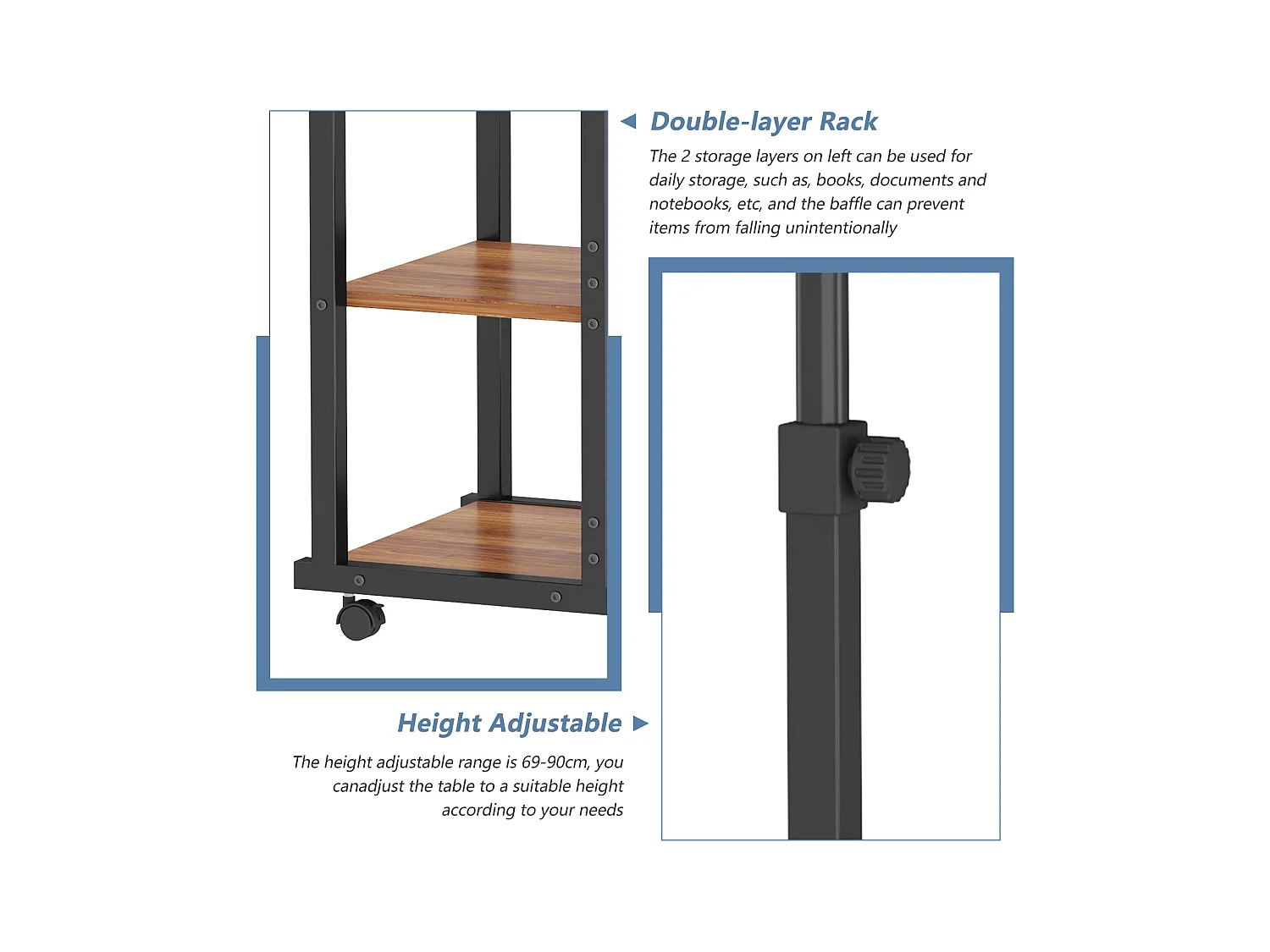 Table Roulante, Table d'Appoint Mobile Réglable en Hauteur, Table Multiusage avec 4 roulettes et 3 Étagères de Rangement pour Canapé/Lit/Balcon-Noyer