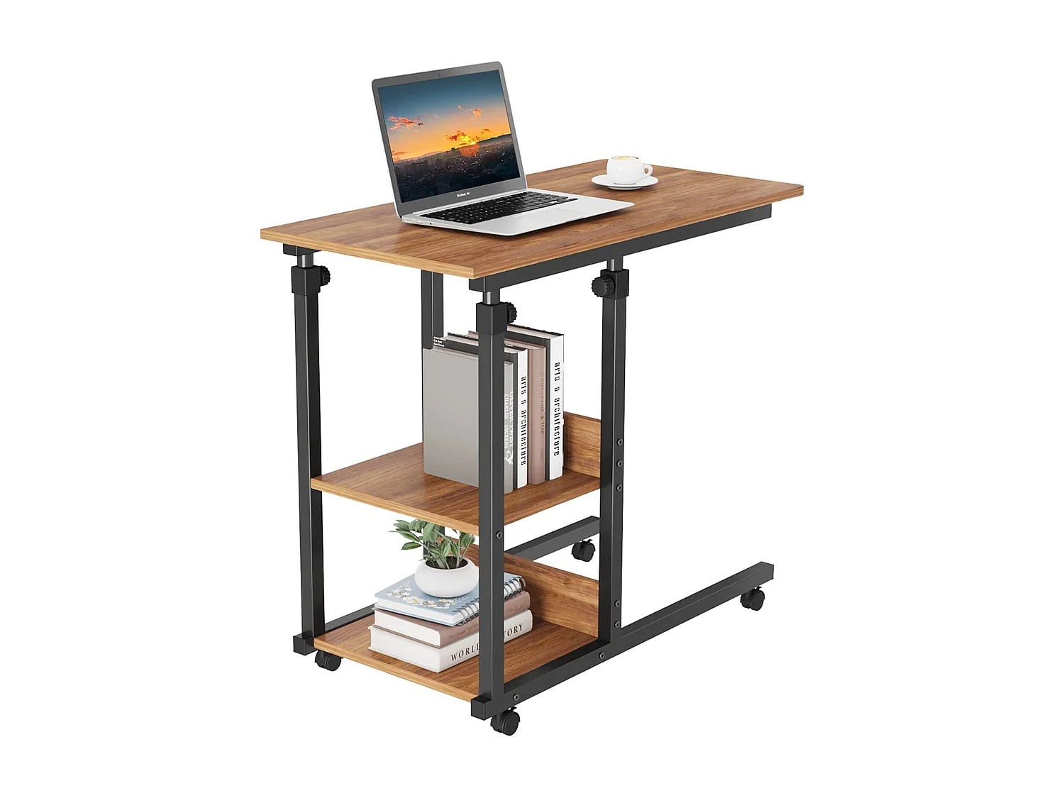 Table Roulante, Table d'Appoint Mobile Réglable en Hauteur, Table Multiusage avec 4 roulettes et 3 Étagères de Rangement pour Canapé/Lit/Balcon-Noyer