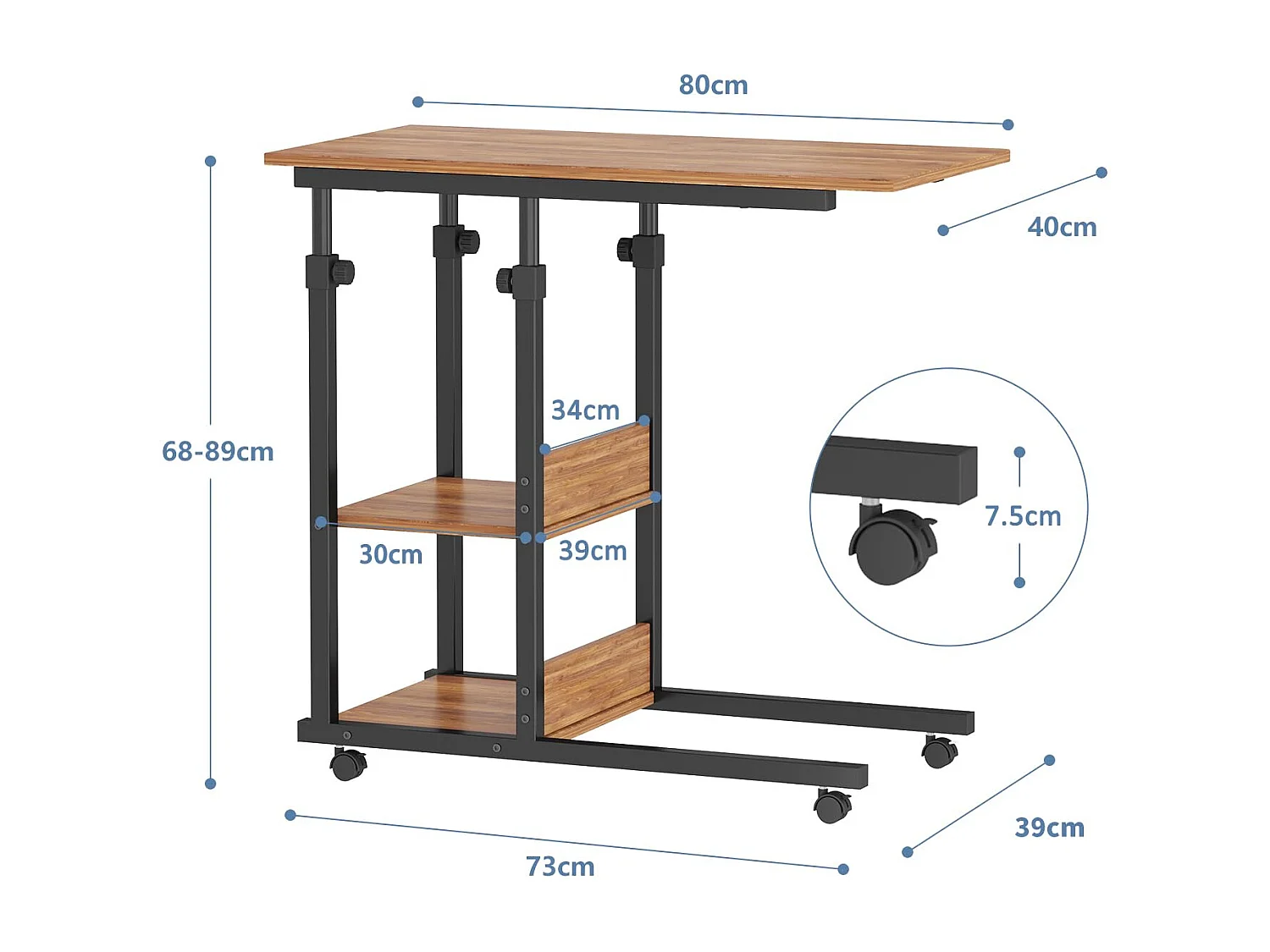 Table Roulante, Table d'Appoint Mobile Réglable en Hauteur, Table Multiusage avec 4 roulettes et 3 Étagères de Rangement pour Canapé/Lit/Balcon-Noyer