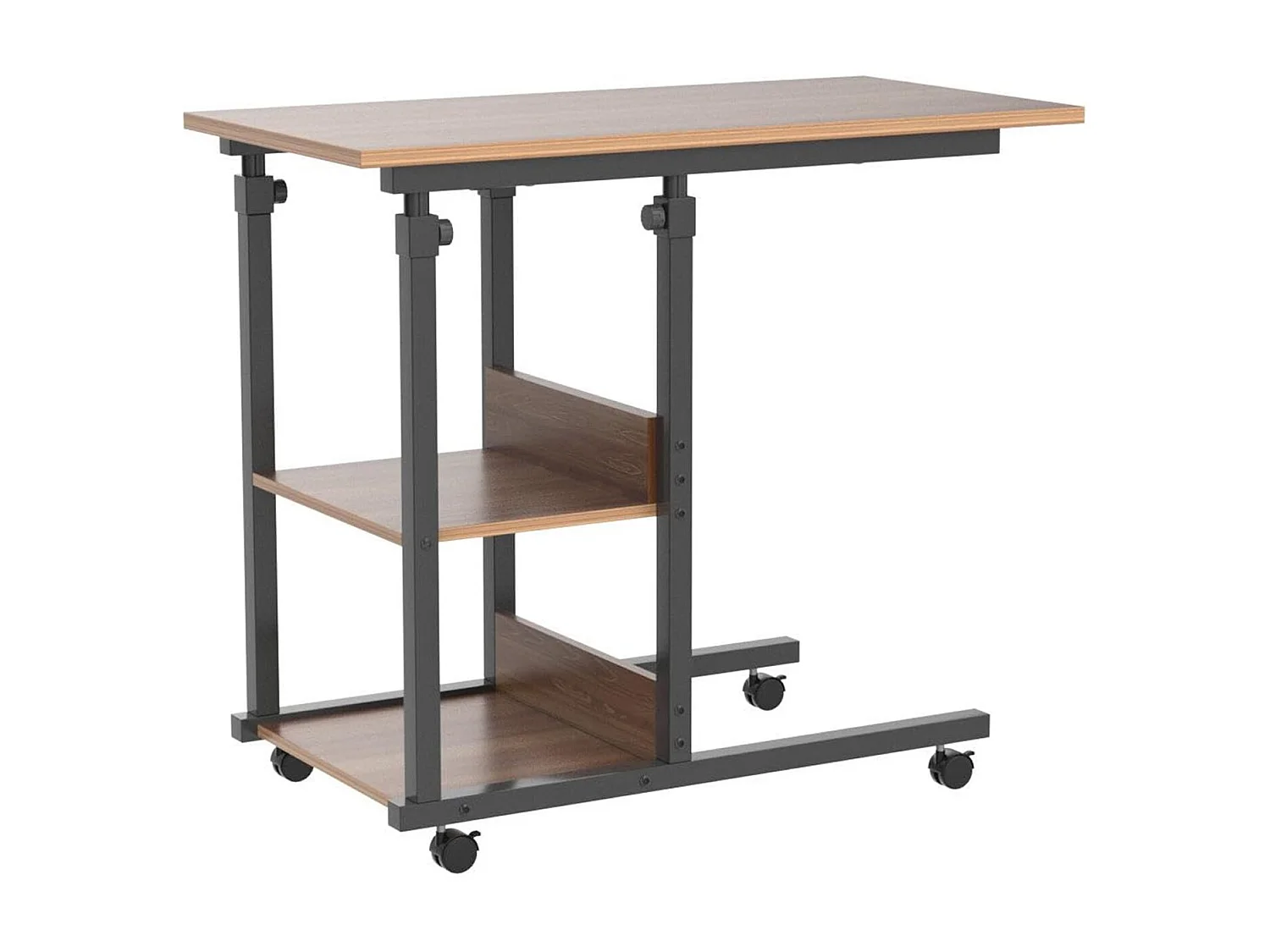 Table Roulante, Table d'Appoint Mobile Réglable en Hauteur, Table Multiusage avec 4 roulettes et 3 Étagères de Rangement pour Canapé/Lit/Balcon-Noyer