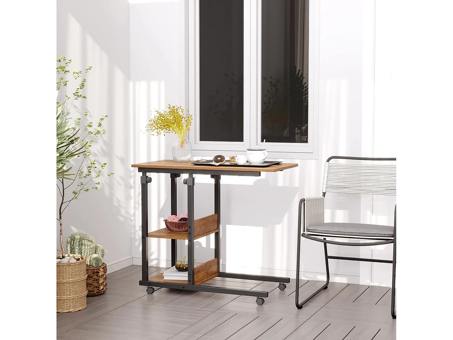 Table Roulante, Table d'Appoint Mobile Réglable en Hauteur, Table Multiusage avec 4 roulettes et 3 Étagères de Rangement pour Canapé/Lit/Balcon-Noyer