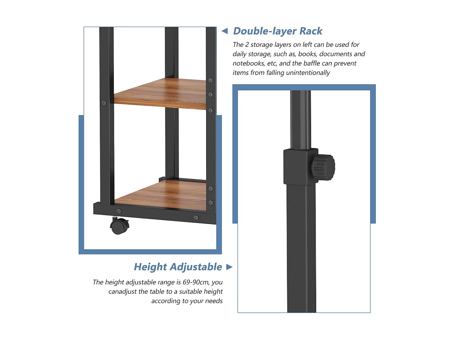 Table Roulante, Table d'Appoint Mobile Réglable en Hauteur, Table Multiusage avec 4 roulettes et 3 Étagères de Rangement pour Canapé/Lit/Balcon-Noyer