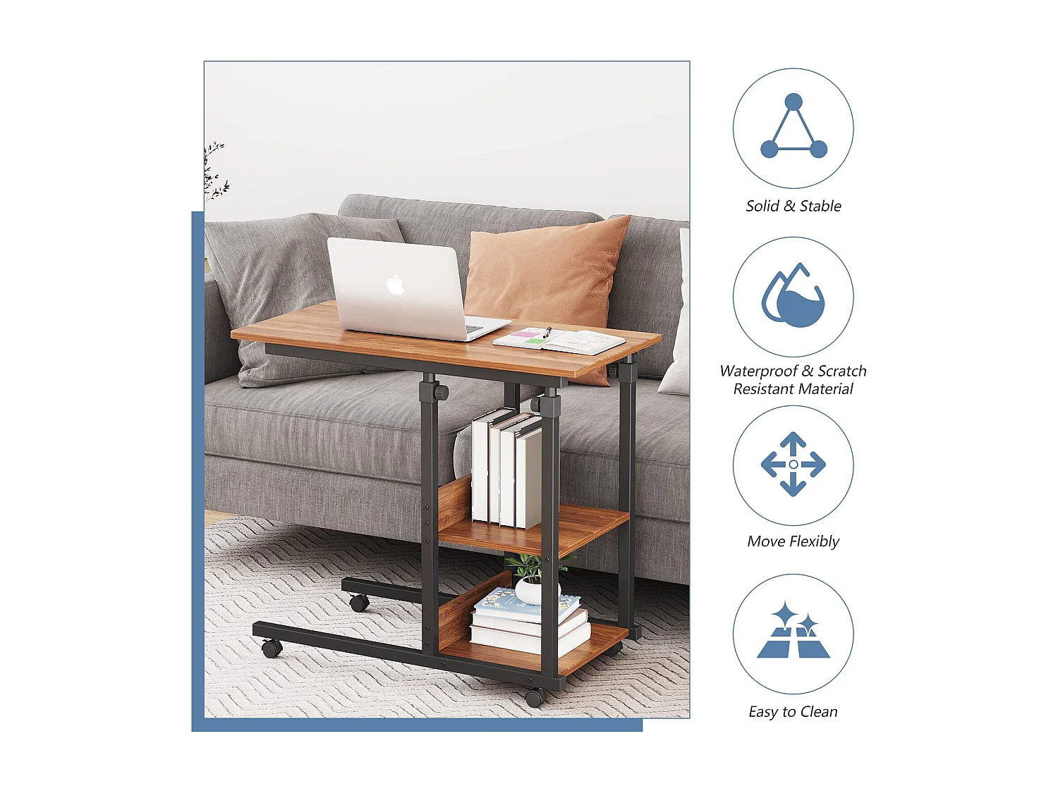 Table Roulante, Table d'Appoint Mobile Réglable en Hauteur, Table Multiusage avec 4 roulettes et 3 Étagères de Rangement pour Canapé/Lit/Balcon-Noyer