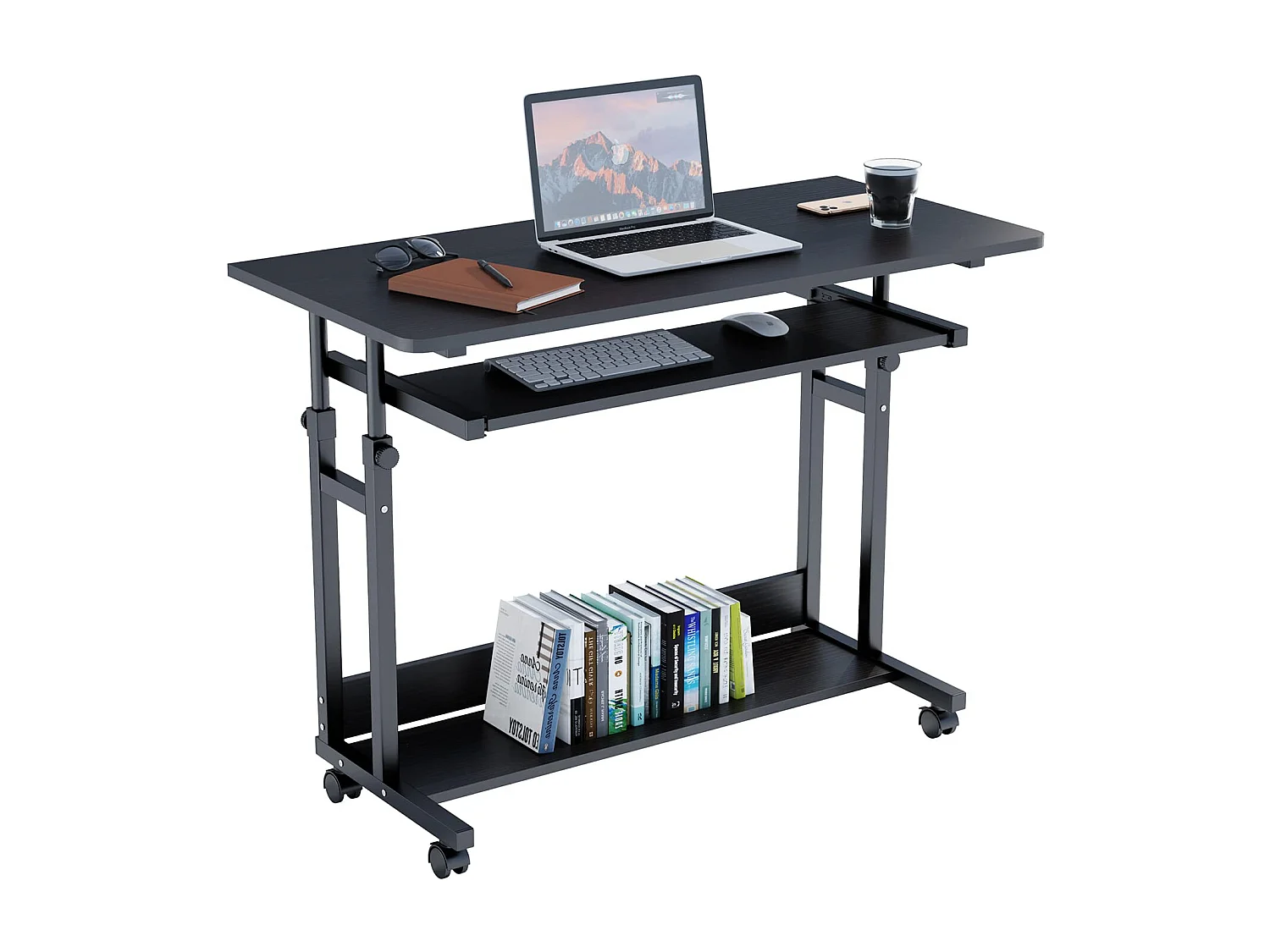 Table Appoint Roulette 80x45cm, Table Bureau d'Ordinateur Mobile Reglable Hauteur de 69 à 90cm avec roulettes, 2 Etagères de Rangement, Ideal pour Bureau Lit Canapé