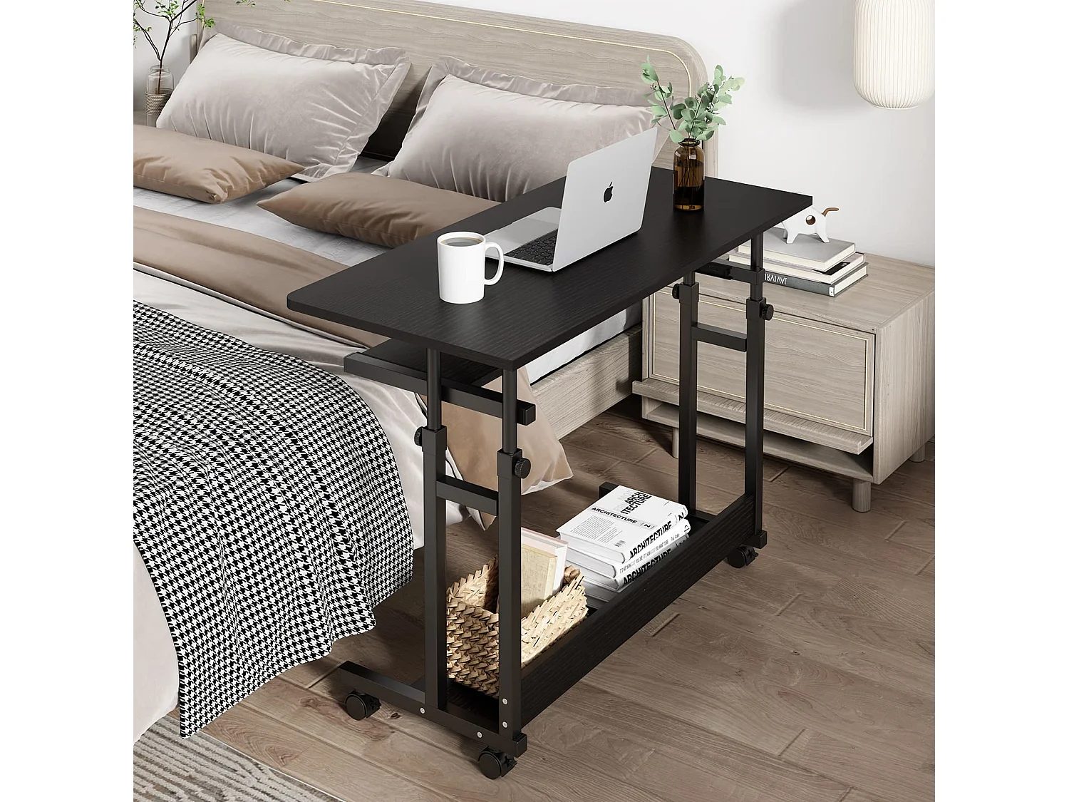 Table Appoint Roulette 80x45cm, Table Bureau d'Ordinateur Mobile Reglable Hauteur de 69 à 90cm avec roulettes, 2 Etagères de Rangement, Ideal pour Bureau Lit Canapé