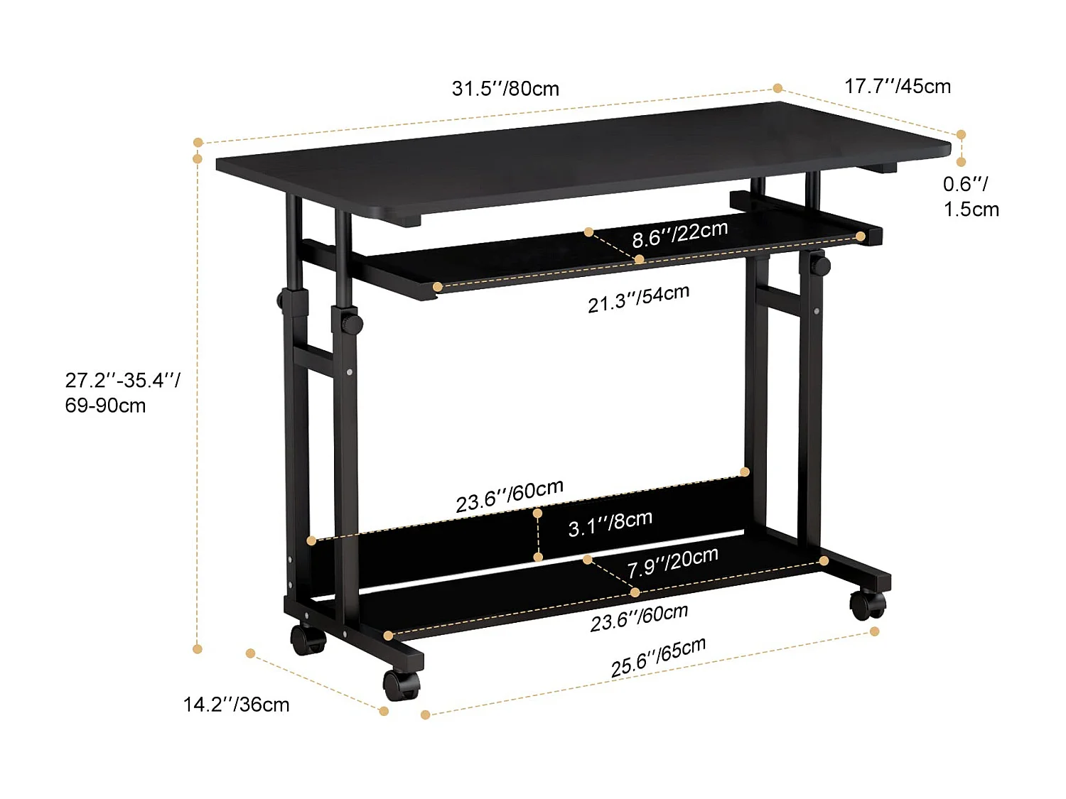 Table Appoint Roulette 80x45cm, Table Bureau d'Ordinateur Mobile Reglable Hauteur de 69 à 90cm avec roulettes, 2 Etagères de Rangement, Ideal pour Bureau Lit Canapé
