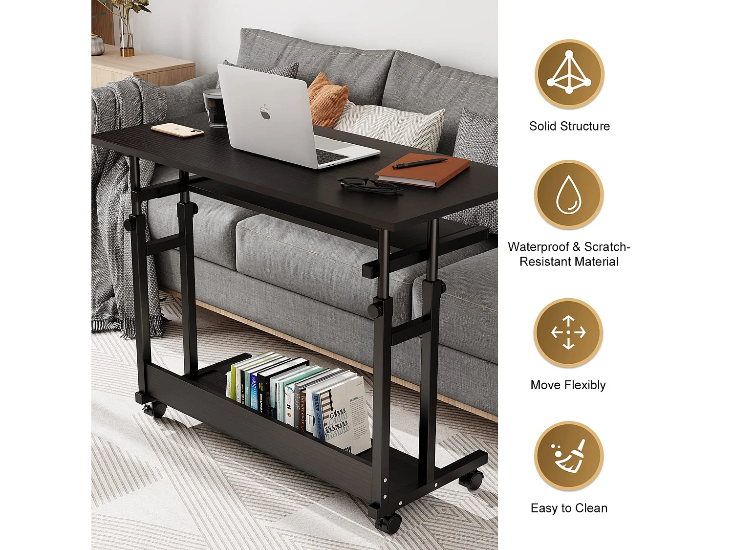 Table Appoint Roulette 80x45cm, Table Bureau d'Ordinateur Mobile Reglable Hauteur de 69 à 90cm avec roulettes, 2 Etagères de Rangement, Ideal pour Bureau Lit Canapé