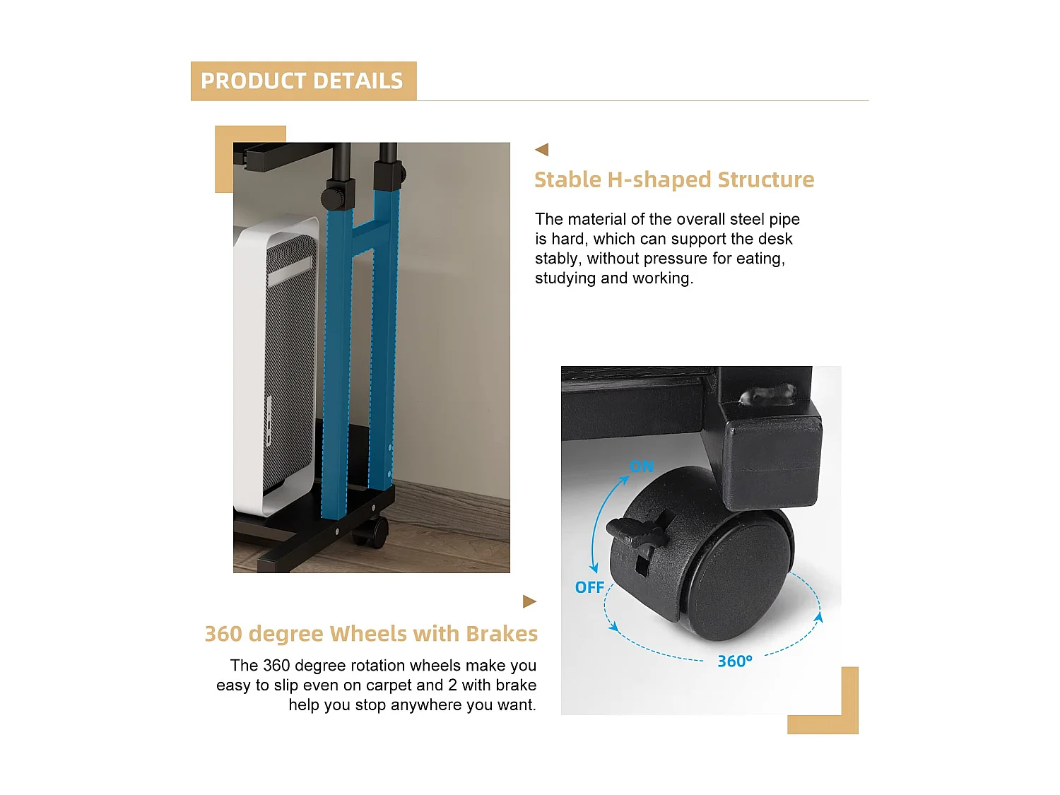 Table Appoint Roulette 80x45cm, Table Bureau d'Ordinateur Mobile Reglable Hauteur de 69 à 90cm avec roulettes, 2 Etagères de Rangement, Ideal pour Bureau Lit Canapé