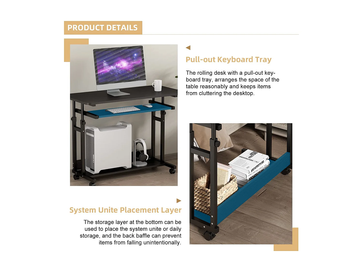 Table Appoint Roulette 80x45cm, Table Bureau d'Ordinateur Mobile Reglable Hauteur de 69 à 90cm avec roulettes, 2 Etagères de Rangement, Ideal pour Bureau Lit Canapé